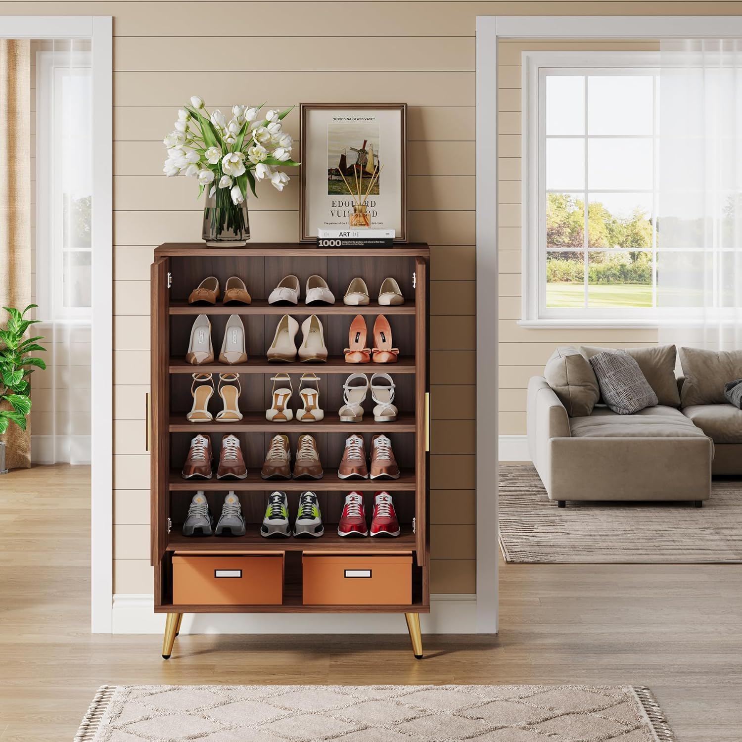 6 Tier Wooden Entryway Shoe Cabinet, Wide Storage Unit For 24 Pairs Of Shoes - Walnut