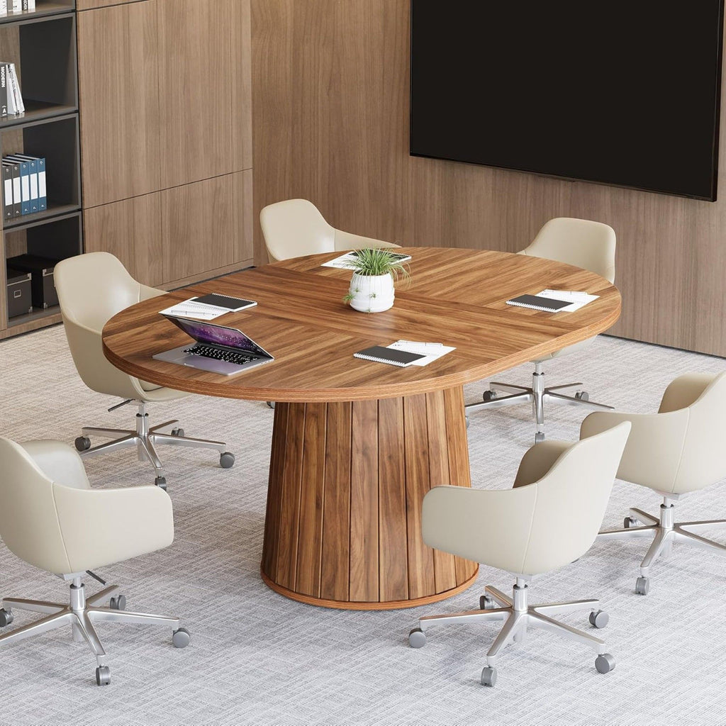 Oval Conference Table, Meeting Room Table With Cylindrical Base - Brown