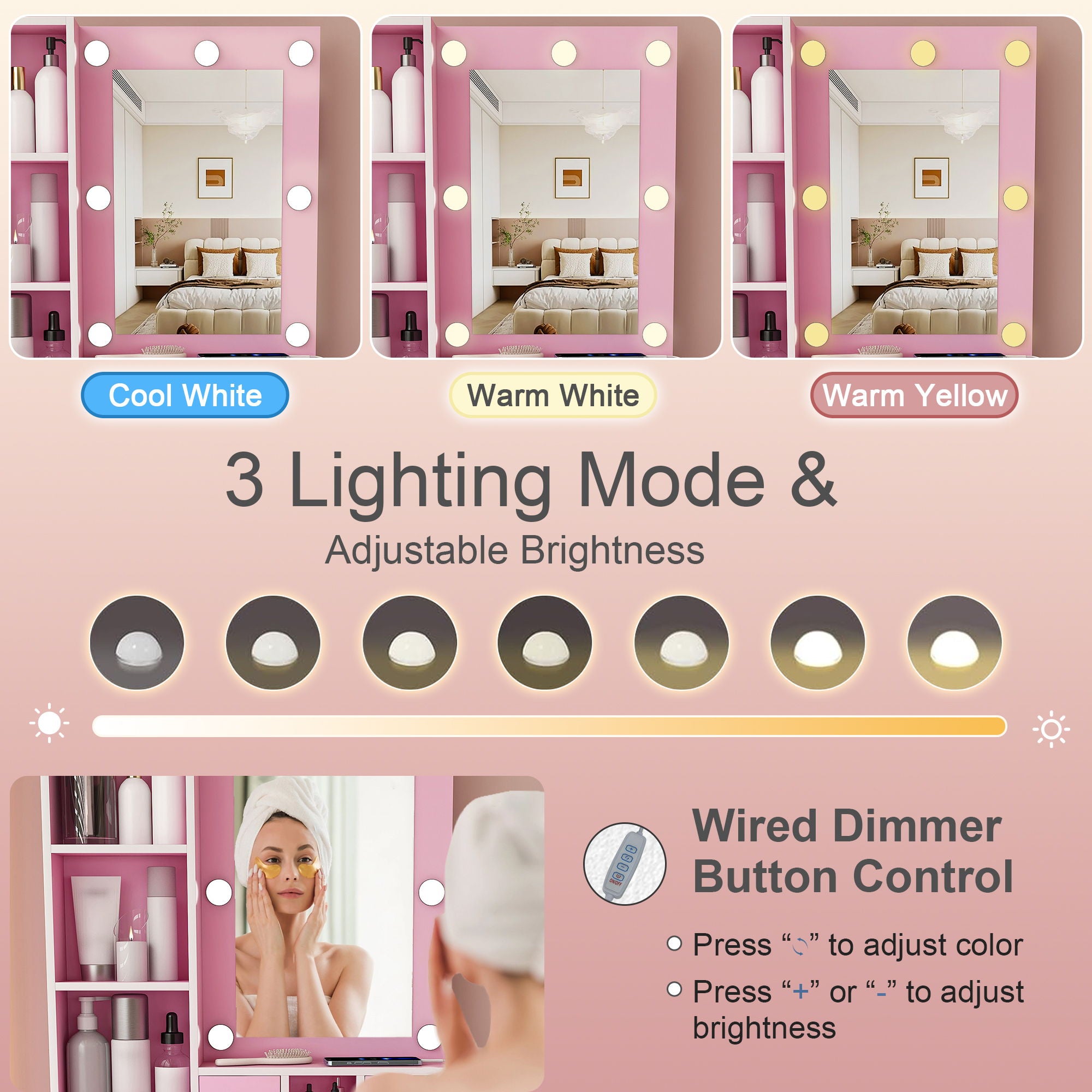 Vanity Table With Mirror, Adjustable LED Lights, Power Outlet, Hairdryer Holder & Stool