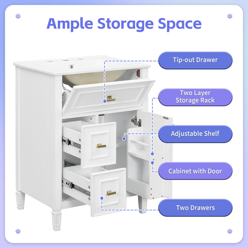 Bathroom Vanity With Sink, Flip Drawer, 2 Drawers, Adjustable Shelf