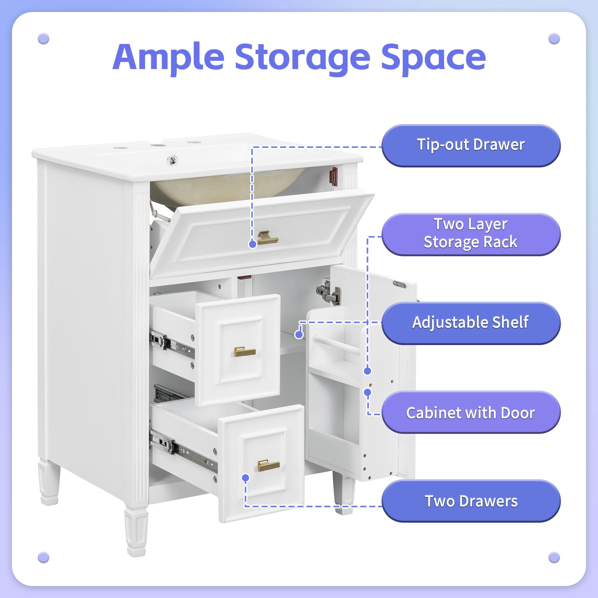 Bathroom Vanity With Sink, Flip Drawer, 2 Drawers, Adjustable Shelf