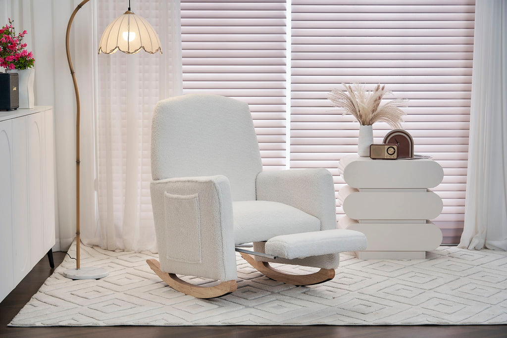 Teddy Fabric Nursery Rocking Chair With Adjustable Footrest - Ivory