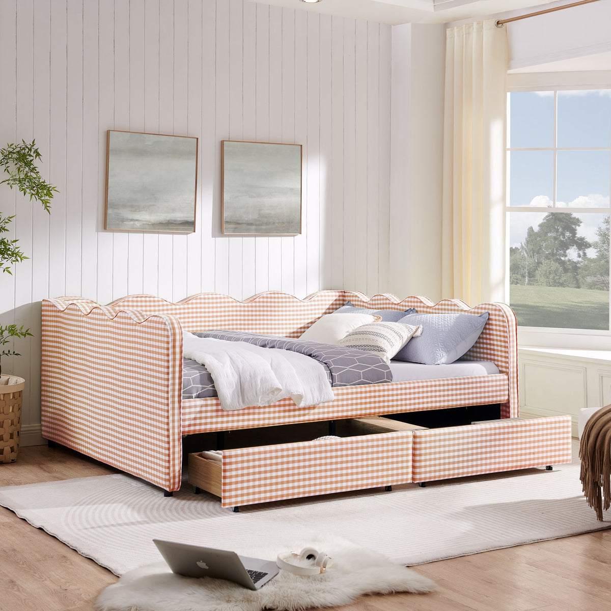 Queen Size Gingham Daybed With 2 Storage Drawers, USB Port, Wave-Shaped Design - Pink