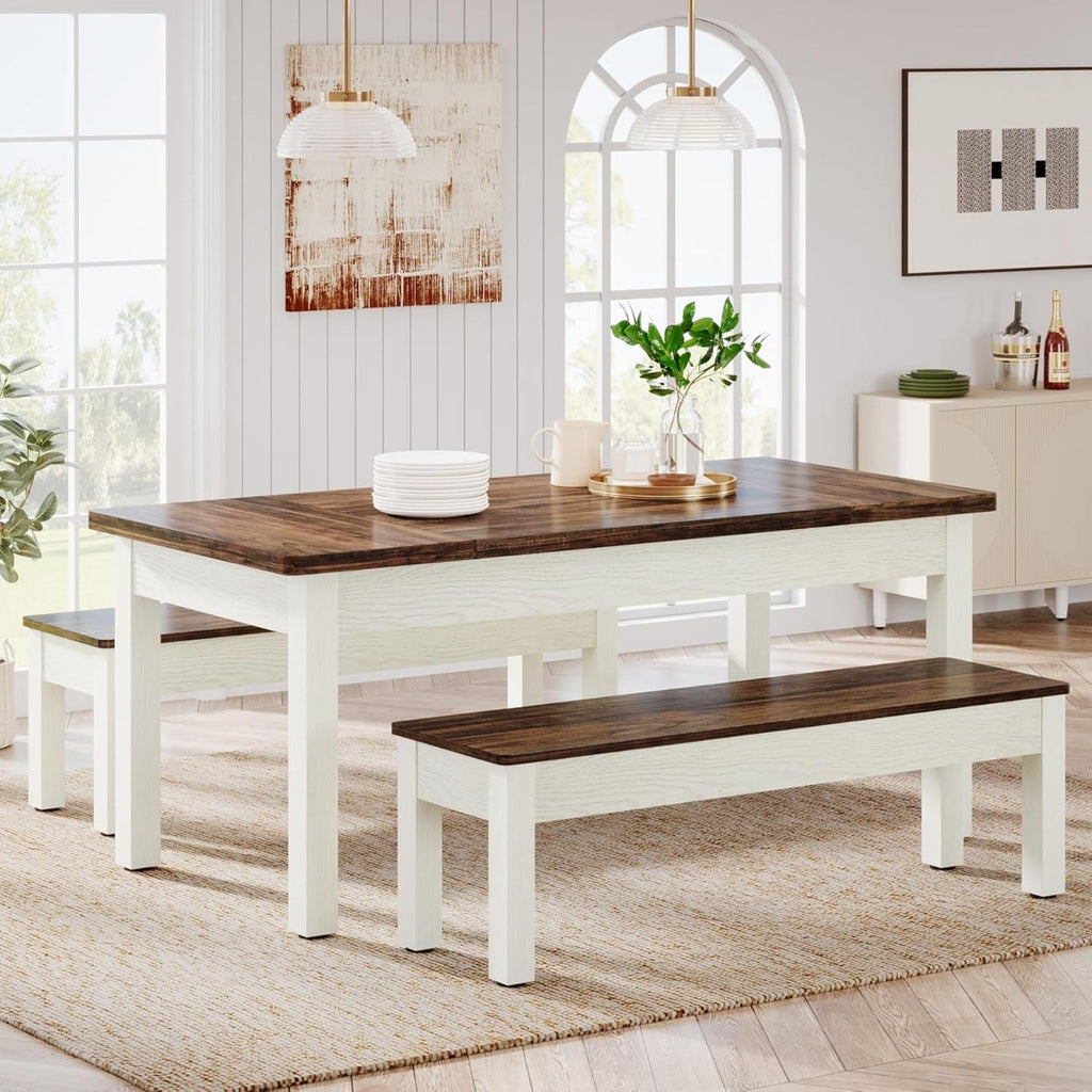 Dining Table Set For 4 - 6 With 2 Tuck Under Benches - Brown / White