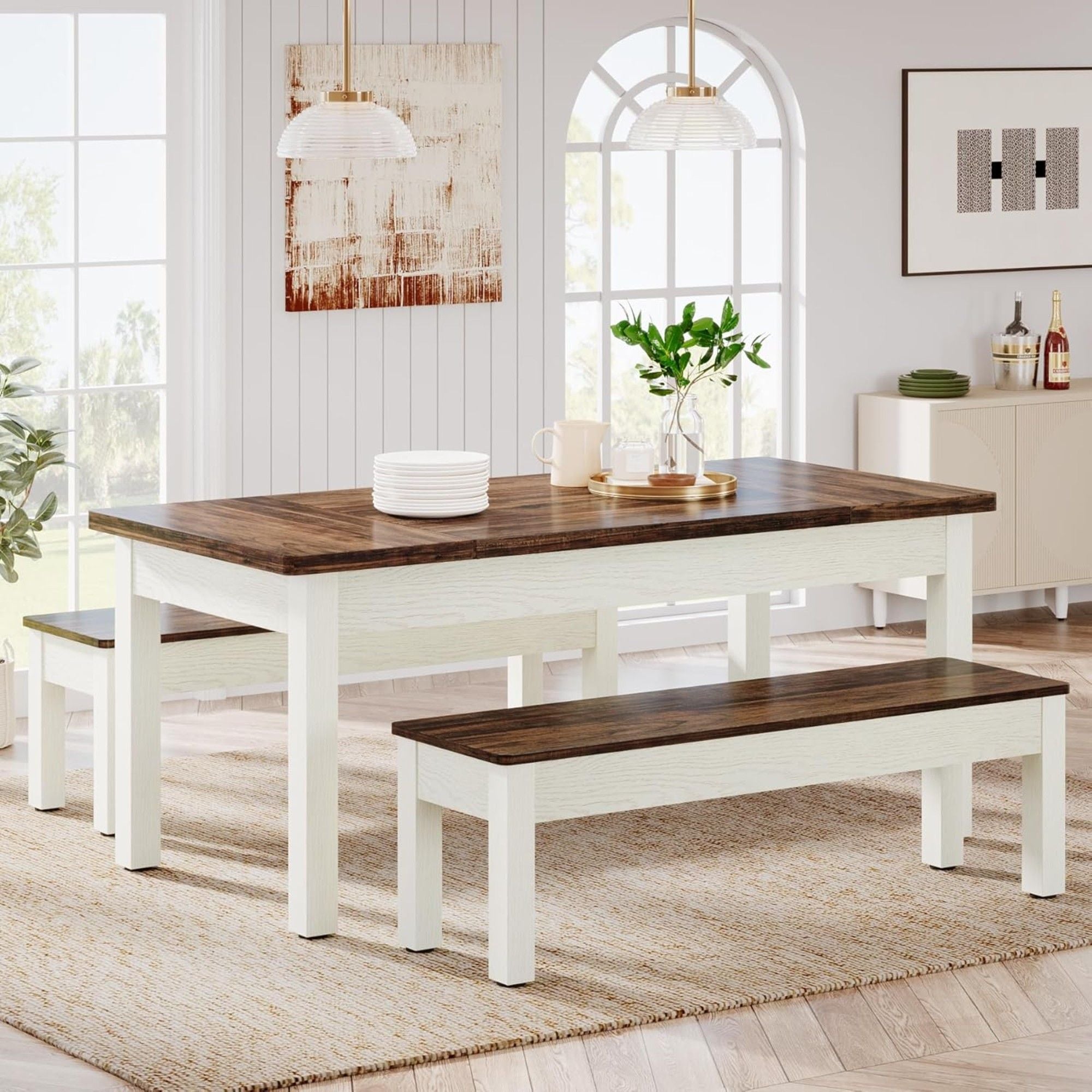 Dining Table Set For 4 - 6 With 2 Tuck Under Benches - Brown / White