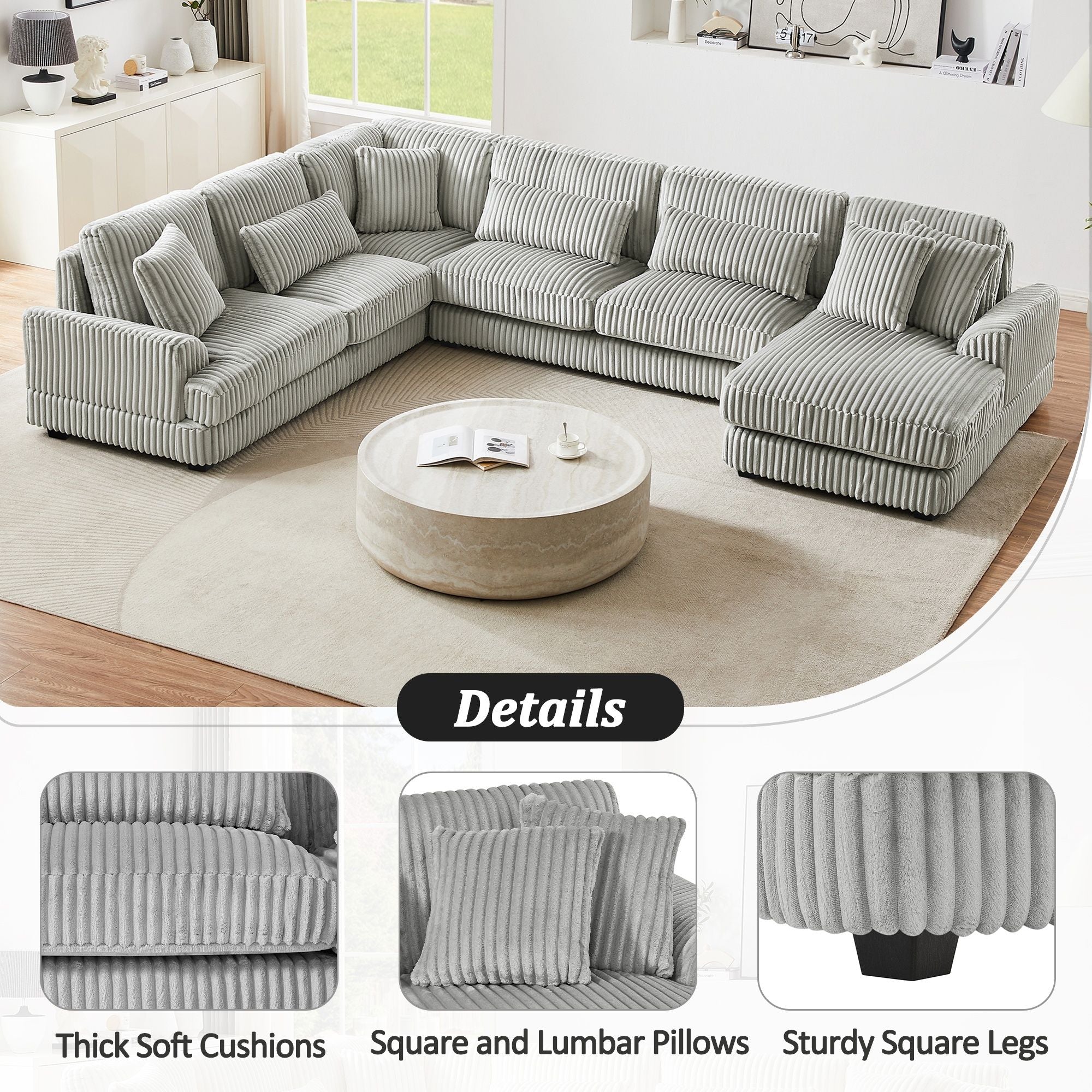 U - Shaped Sectional Sofa With Chaise Lounge, Oversized Living Room Sofa - Gray