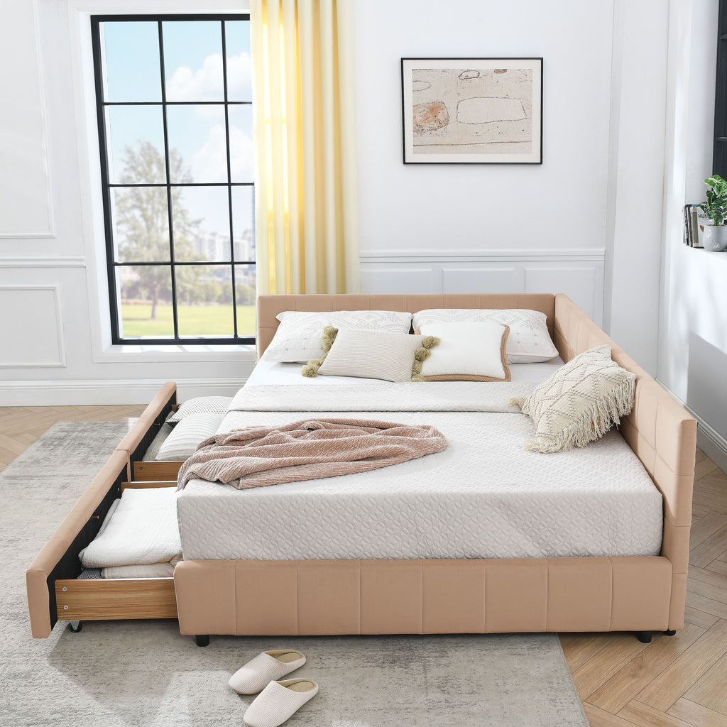 Mid-Century Storage Upholstered Tufted Bed Frame With Backrest And Armrests