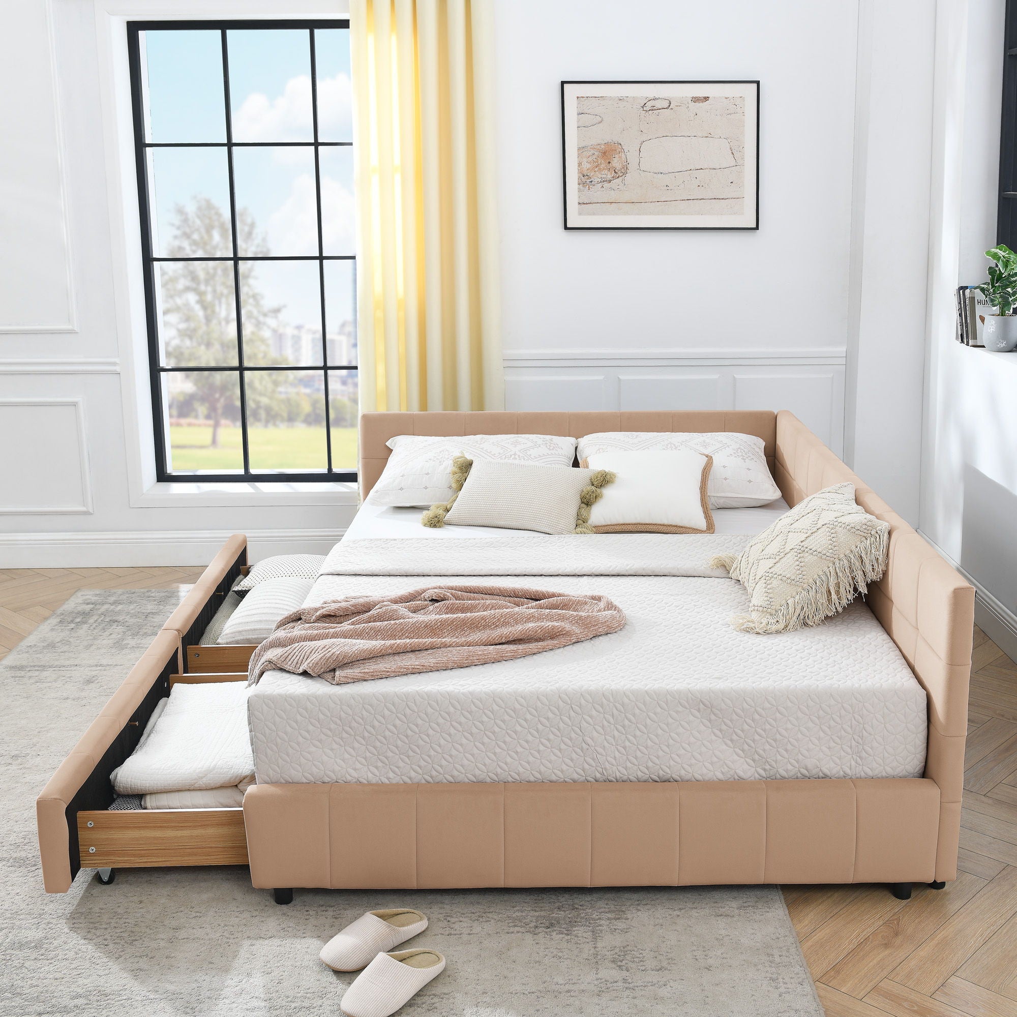 Mid-Century Storage Upholstered Tufted Bed Frame With Backrest And Armrests