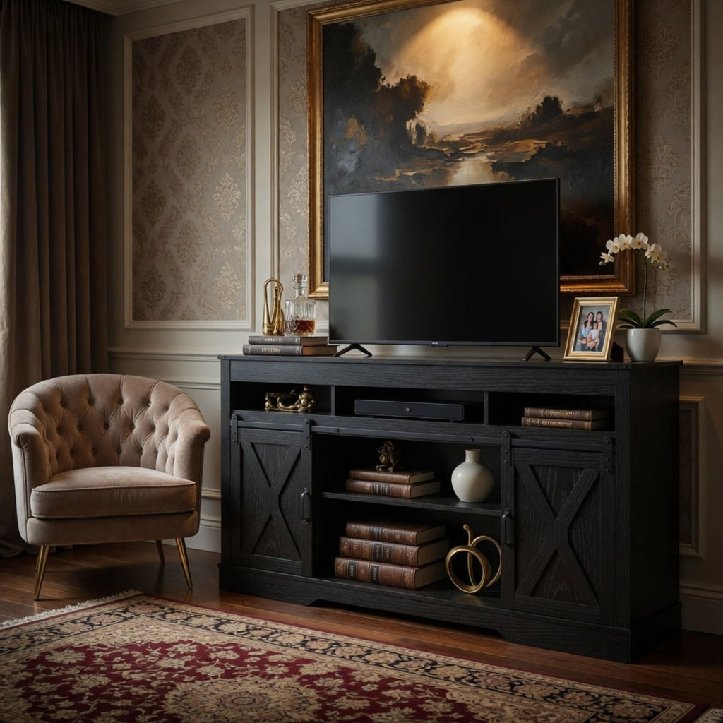 Farmhouse TV Stand With Sliding Barn Doors & Adjustable Storage