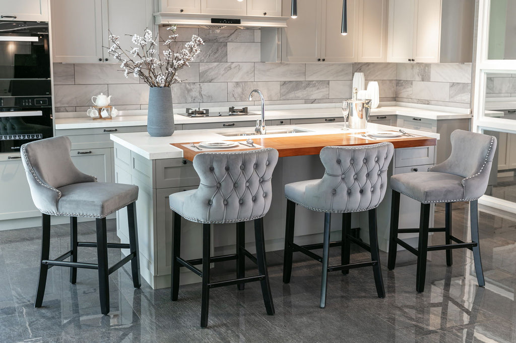 Contemporary Upholstered Wing-Back Barstools With Button Tufted Decoration And Wooden Legs, And Nailhead Trim, Leisure Style Bar Chairs, Bar Stools (Set of 2)
