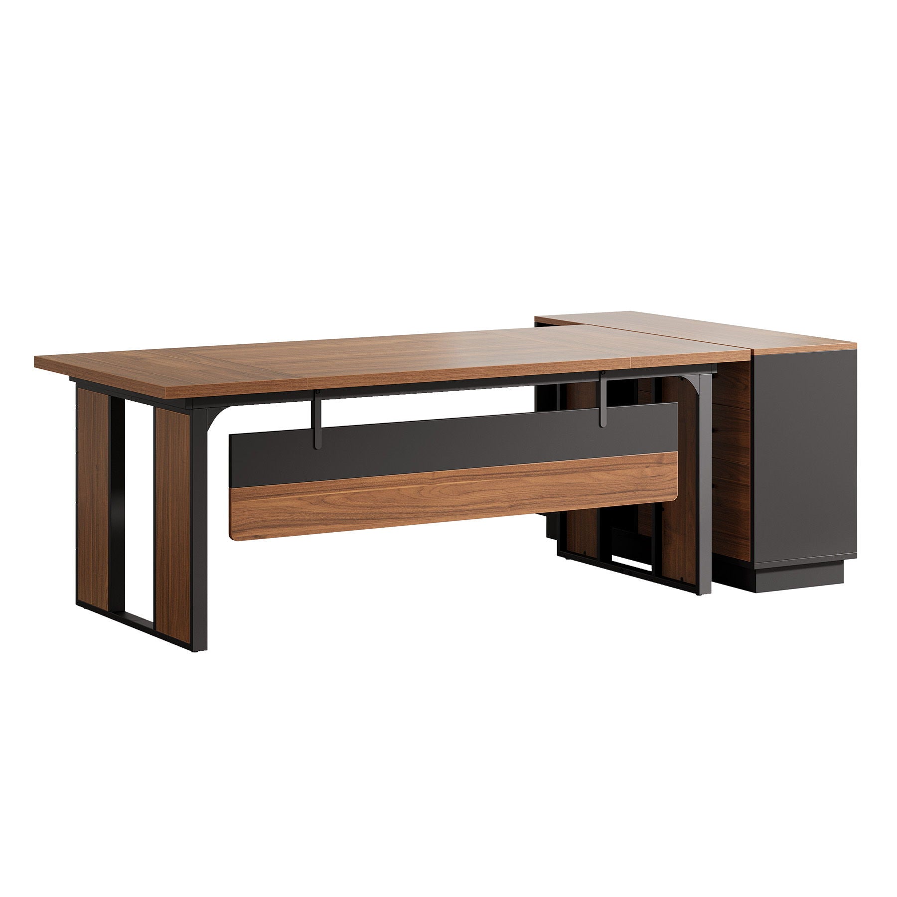 L-Shaped Executive Desk With File Cabinet, Office Computer Desk With Drawers & Open Shelves, Workstation For Home Office - Brown / Black