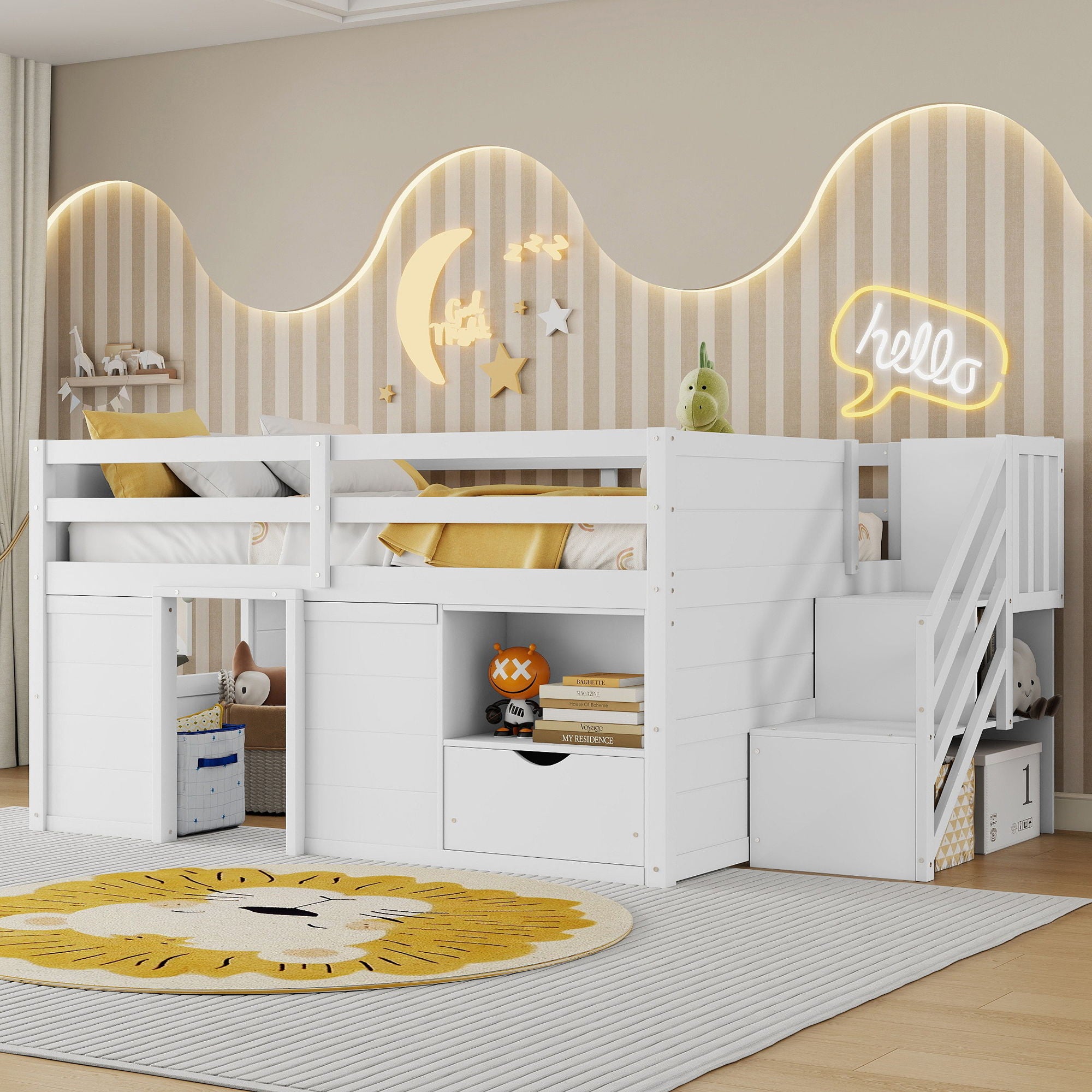 Low Loft Bed Frame With Built In Stairs, Storage Drawer, Shelf And 7 Color LED Light