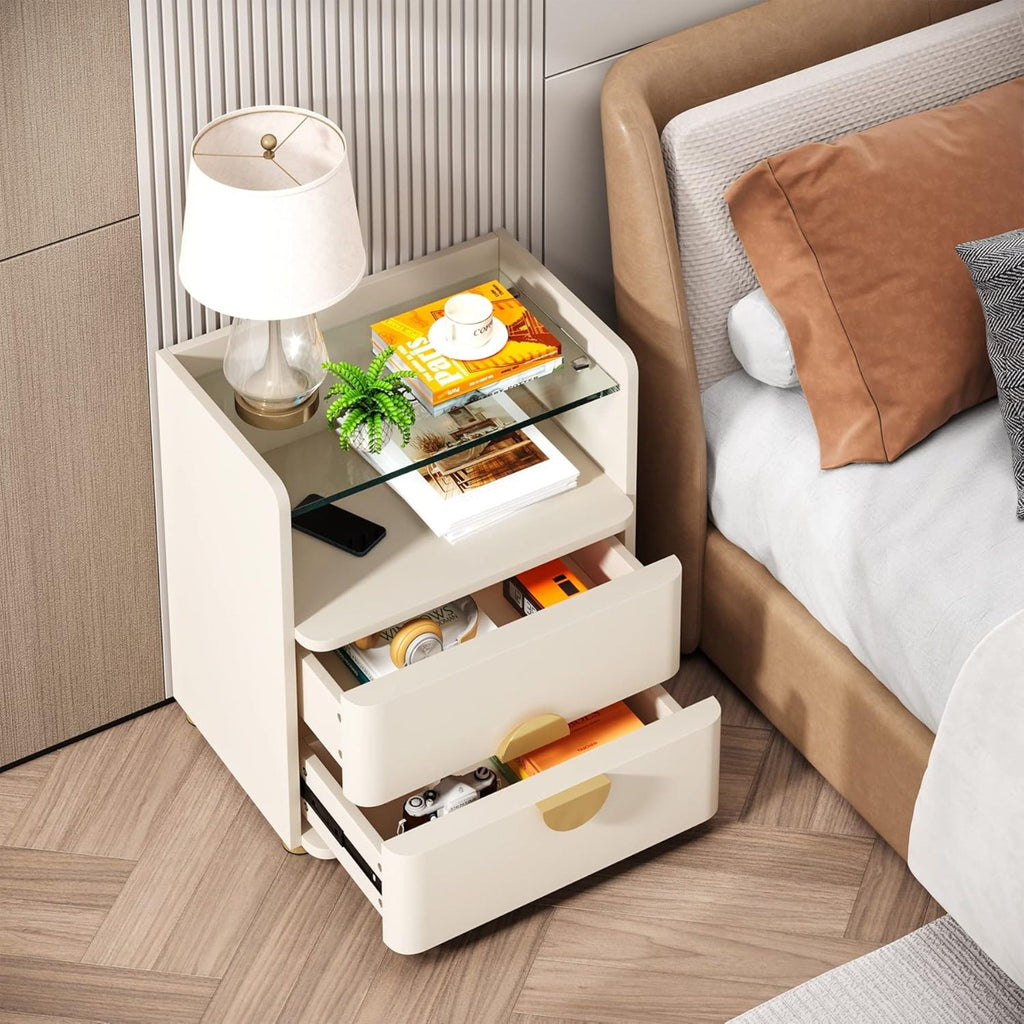 2 Drawer Nightstand With Open Shelf, Bedside Table - Beige