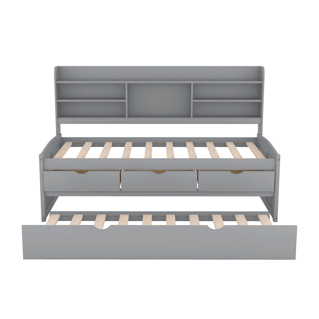 Captain Bed With Built In Bookshelves, 3 Storage Drawers, And Trundle