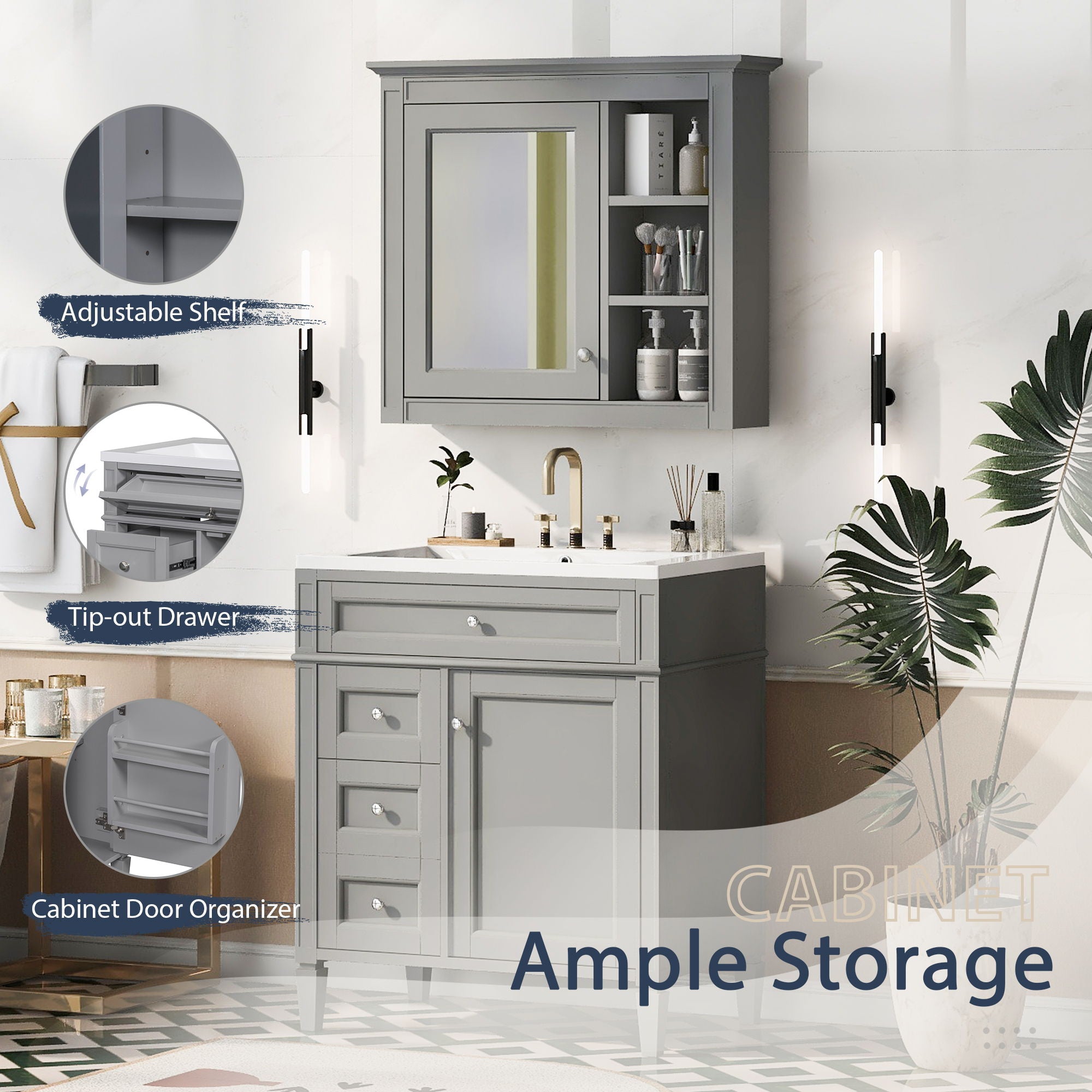 Bathroom Vanity With Medicine Cabinet, Royal Mirror Cabinet, Modern Bathroom Storage Cabinet With 2 Soft Closing Doors And 4 Drawers