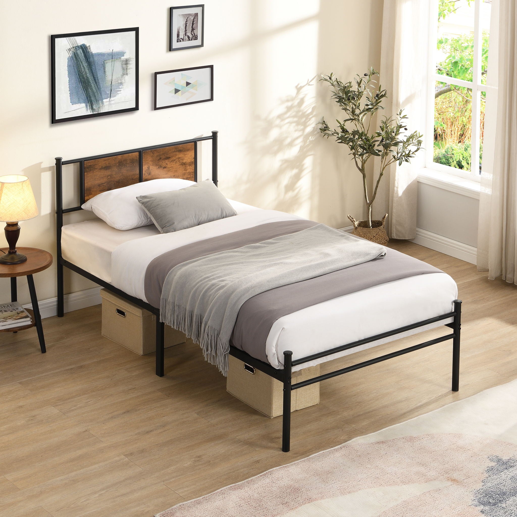 ModerMetal Bedframe With Wood Panel Headboard