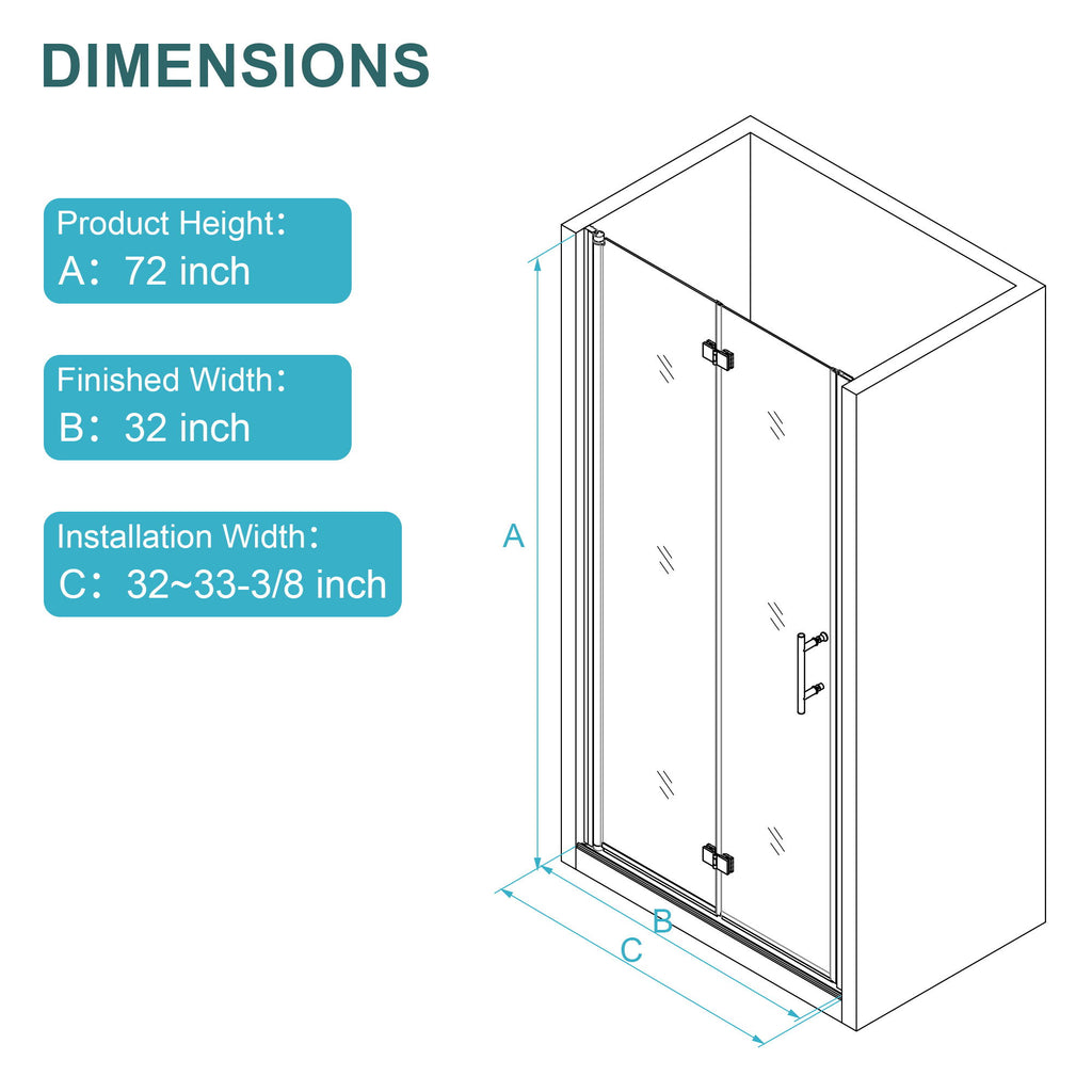 Fold Frameless Shower Door With Tempered Glass - Brushed Silver