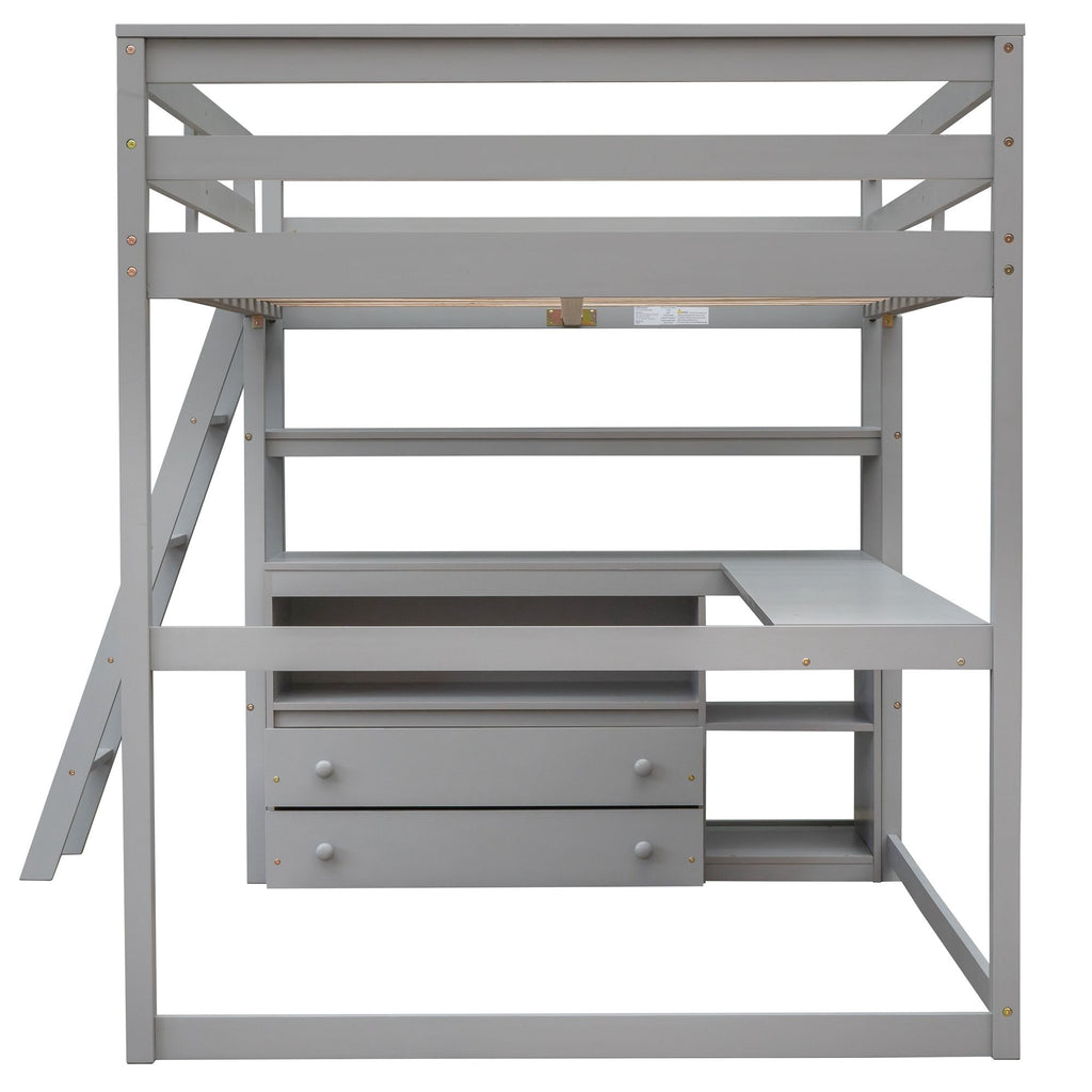 Modern Loft Bed With Built In Desk, Shelves, And 2 Drawers