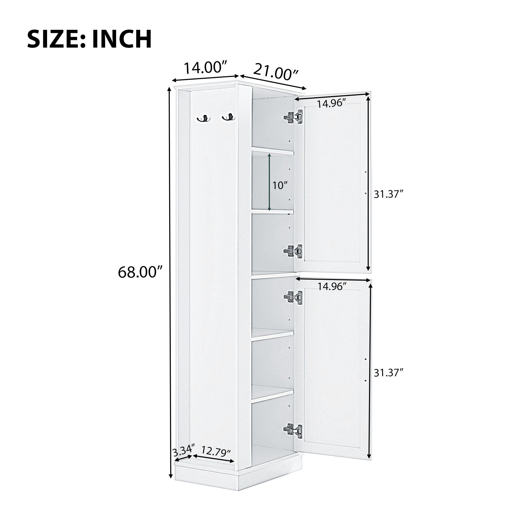 Tall Freestanding Bathroom Storage Cabinet With Adjustable Shelves And Side Hooks