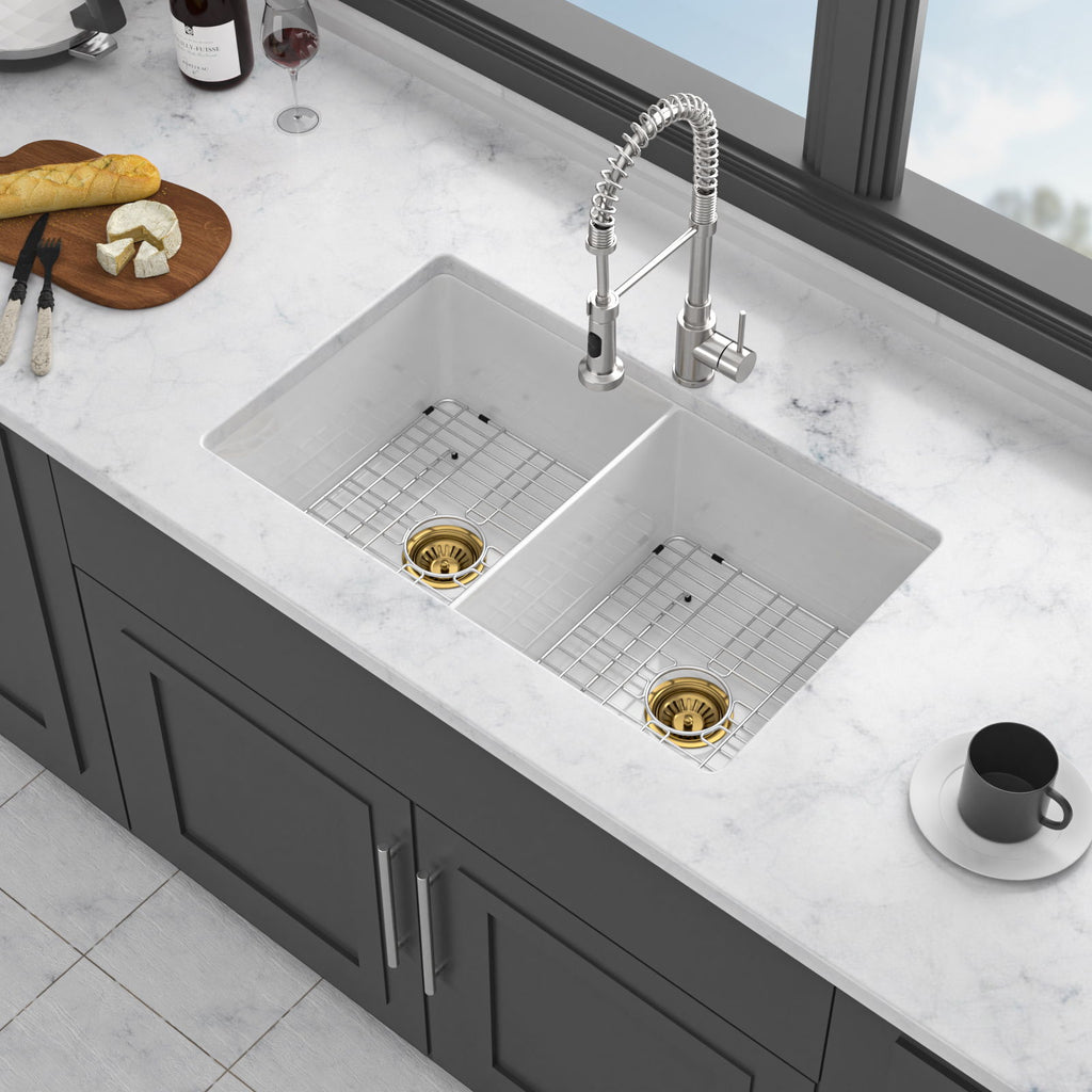 32" Undermount Double Bowl Kitchen Sink Rectangular Deep Dual Bas With Grids - White