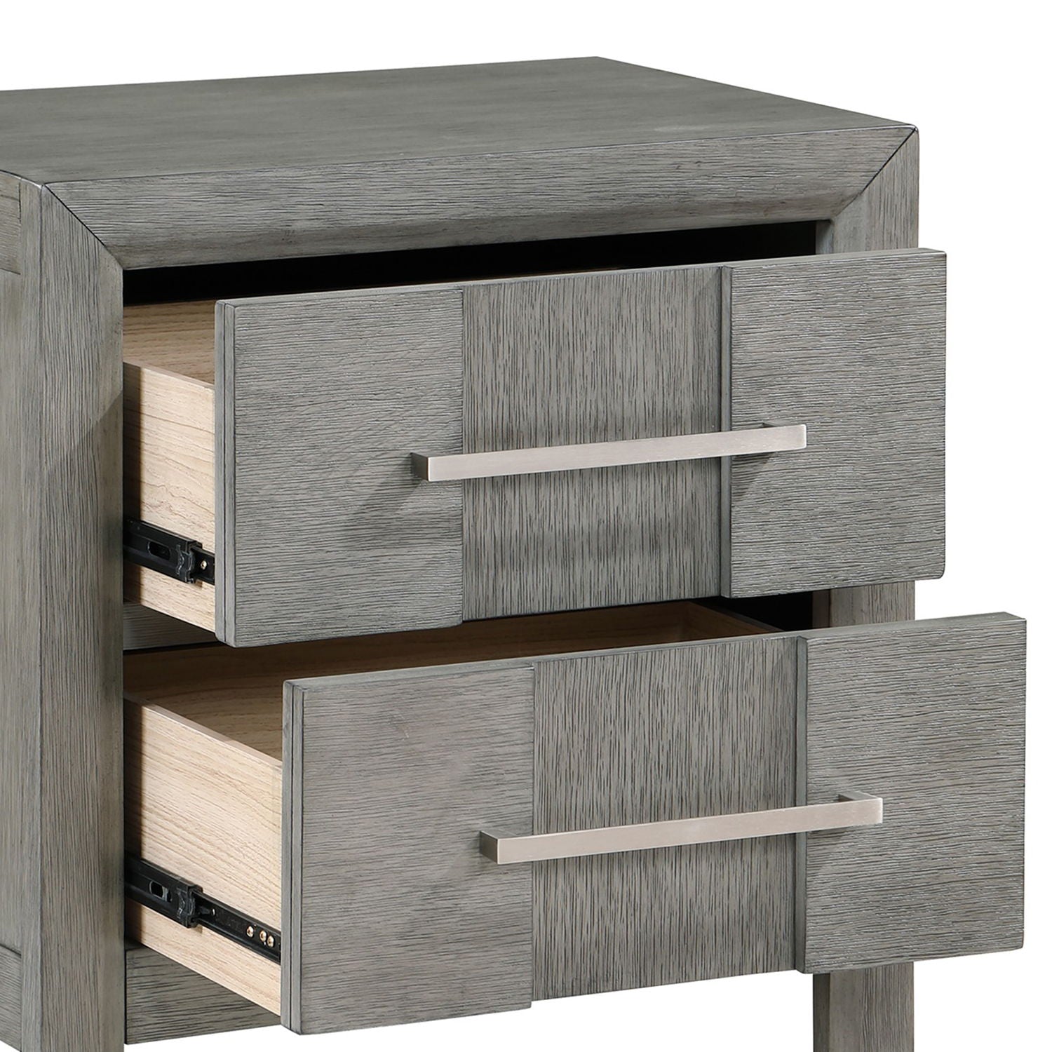 Modern 2 Drawer Nightstand In Gray Finish With Silver Metal Handles, Contemporary Bedside Table With Smooth Glide Drawers