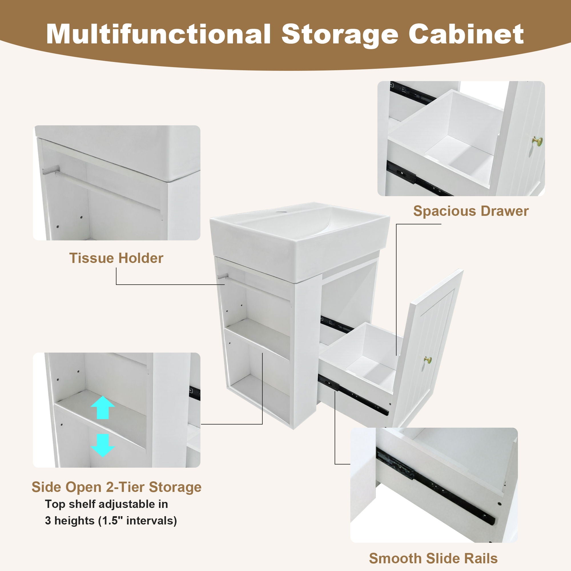 Modern Bathroom Vanity With Sink, Storage Cabinet, Drawer & Side Shelf