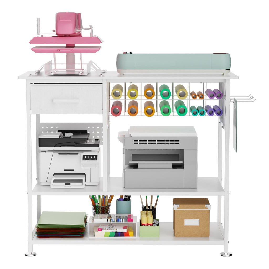 Large Heat Press Table With Charging Station, Movable Workbench For Diy Sublimation - White