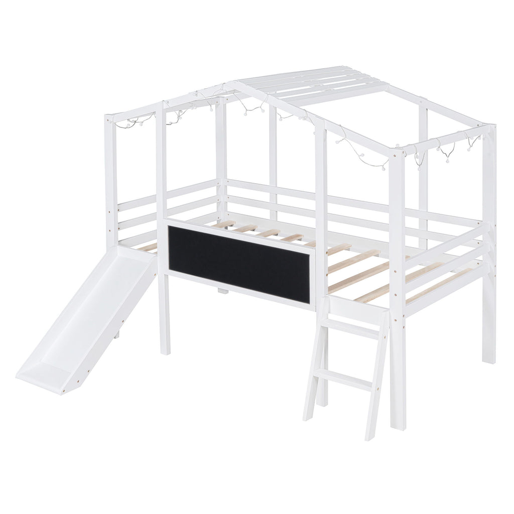 Loft House Bed With Ladder And Slide, With board And Light Strip On The Roof