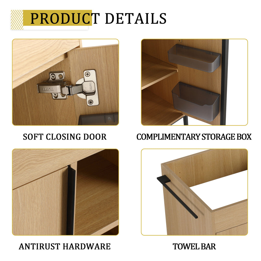 48" Freestanding Bathroom Vanity With Double Sink, 2 Soft Close Doors & 3 Open Shelves - Oak