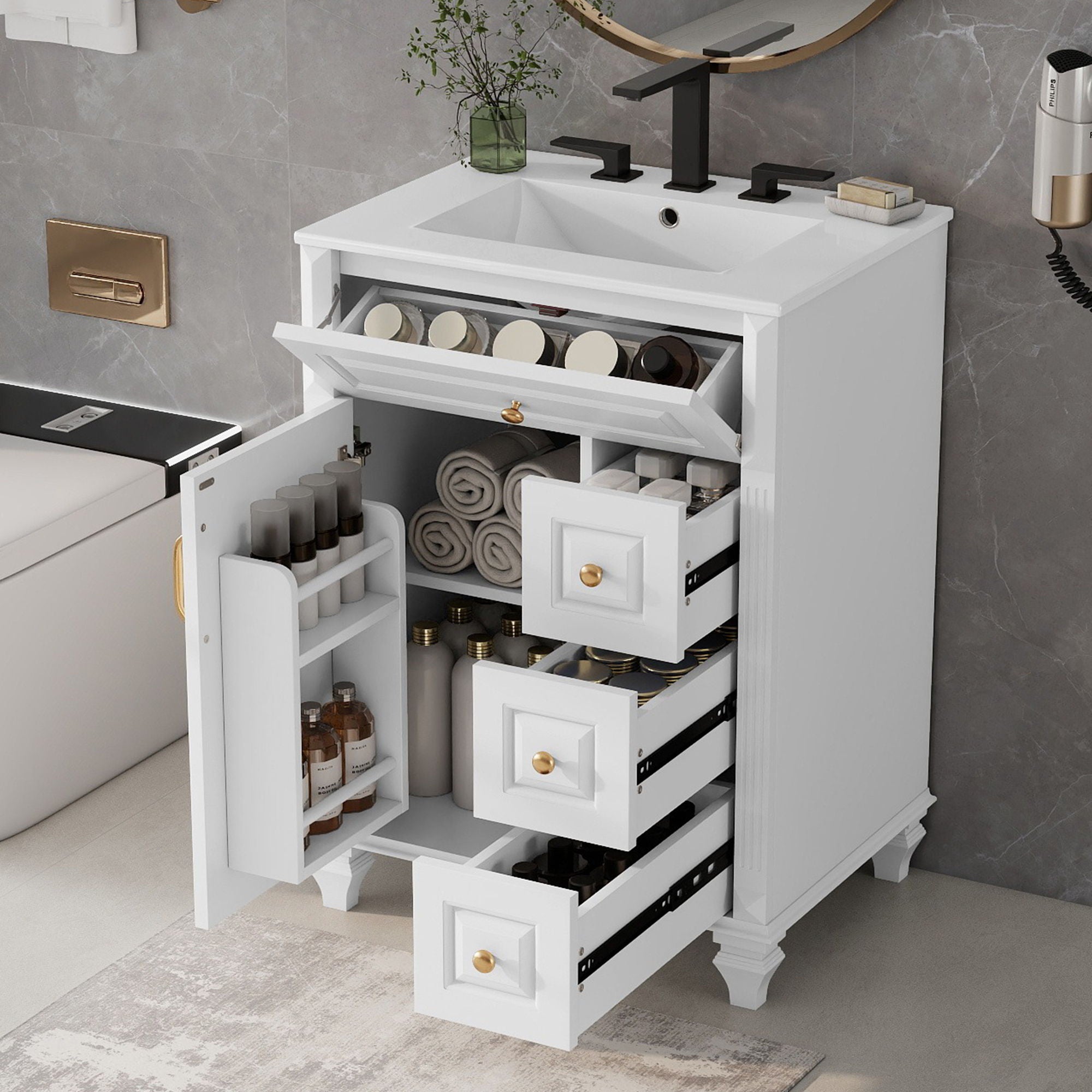 Freestanding Bathroom Vanity With Sink, 3 Drawers & Flip-Out Drawer
