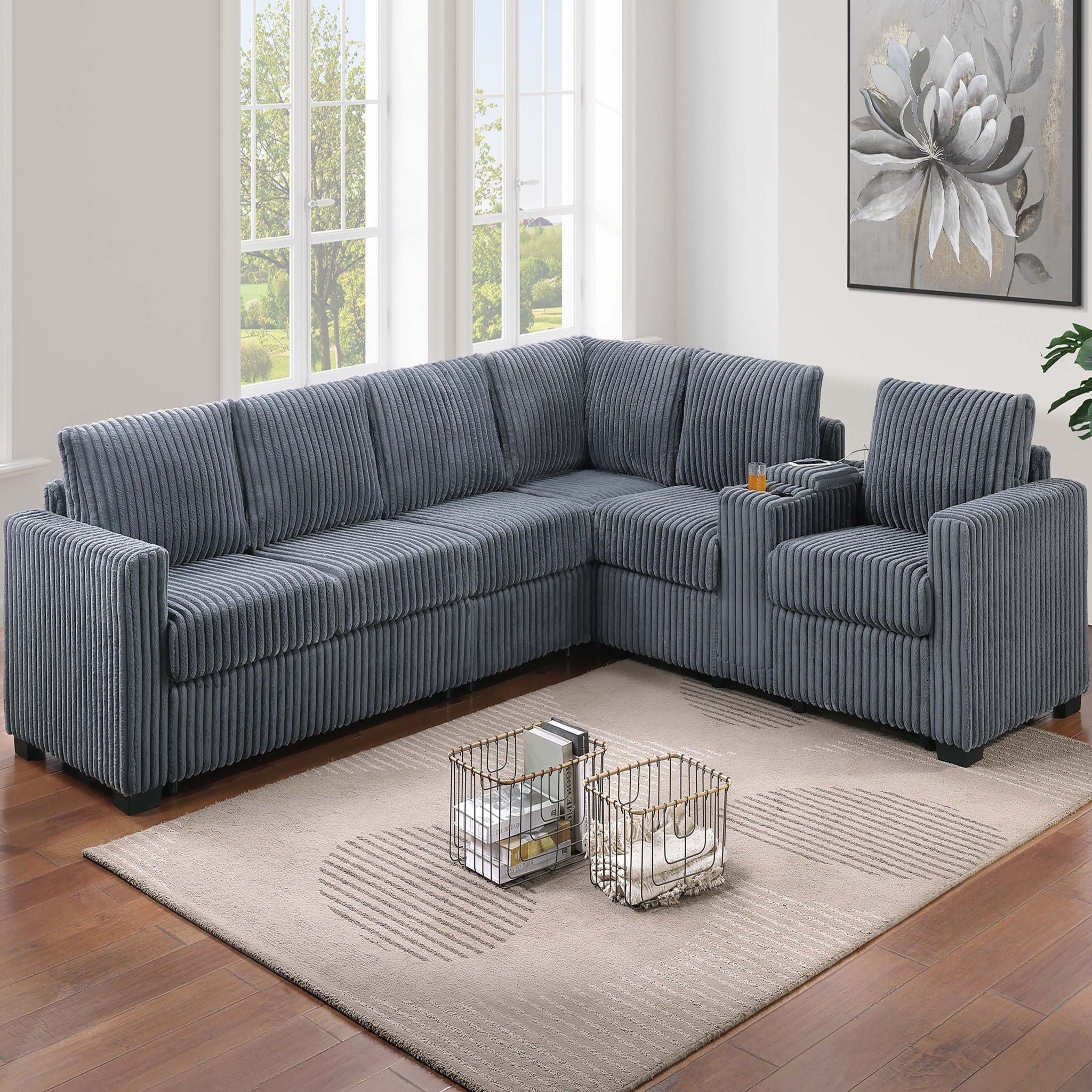 Modern Style L-Shape Sectional Set, USB Ports, Cup Holder