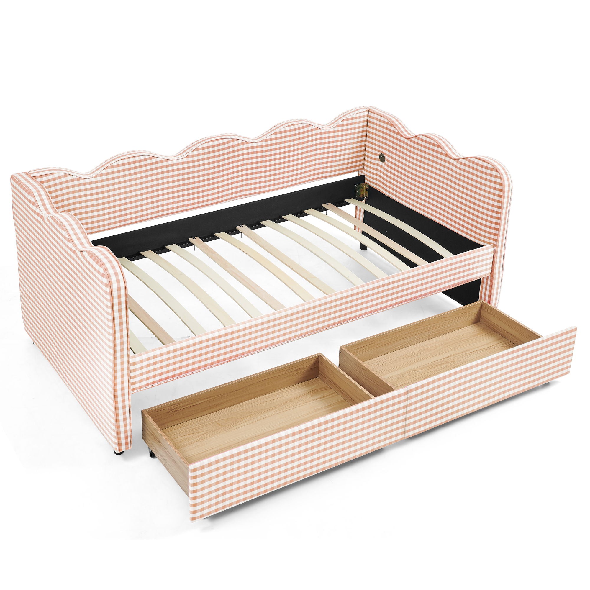 Gingham Daybed With USB Charging Port, Wave-Shaped Design