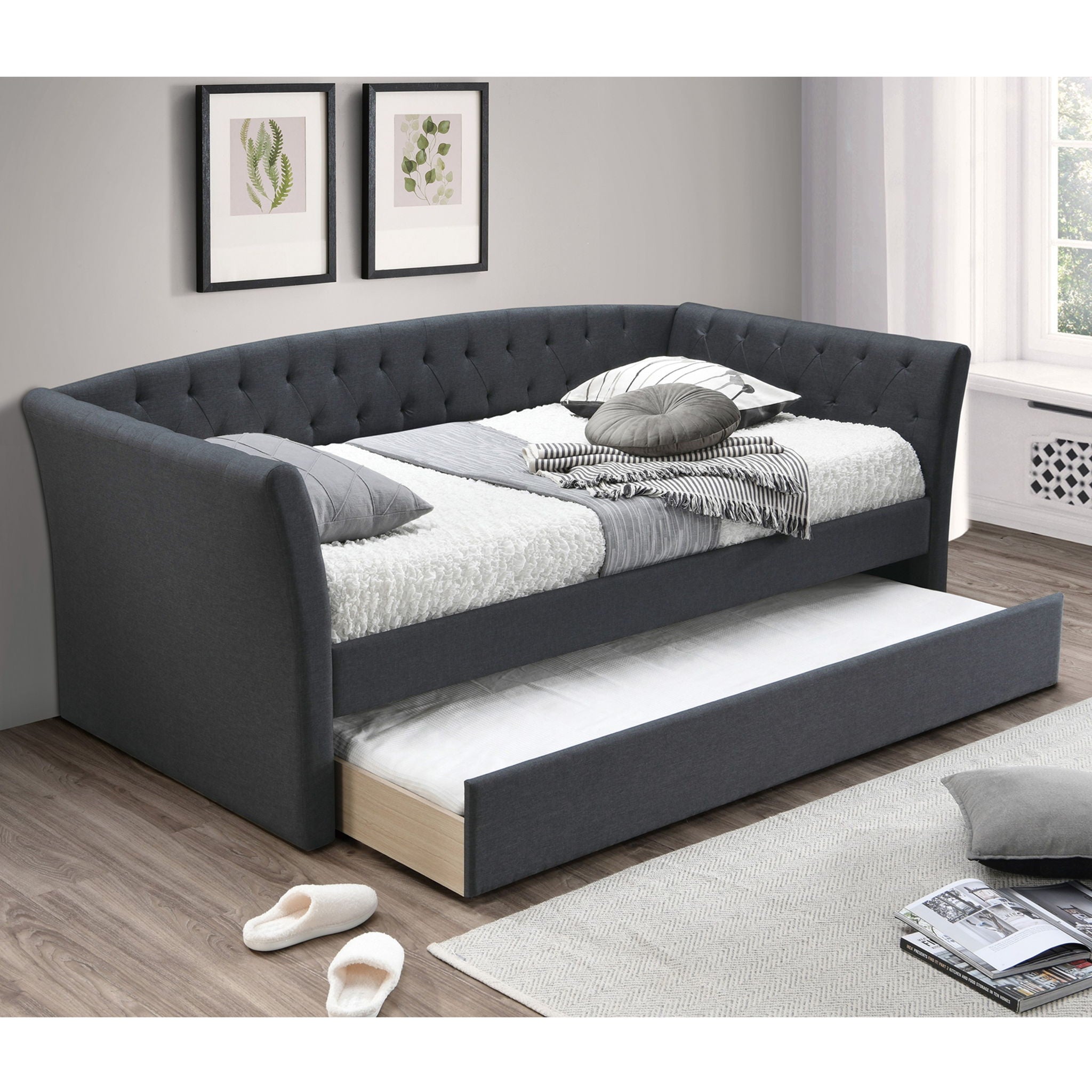Daybed With Trundle Button Tufted Slat Included - Charcoal