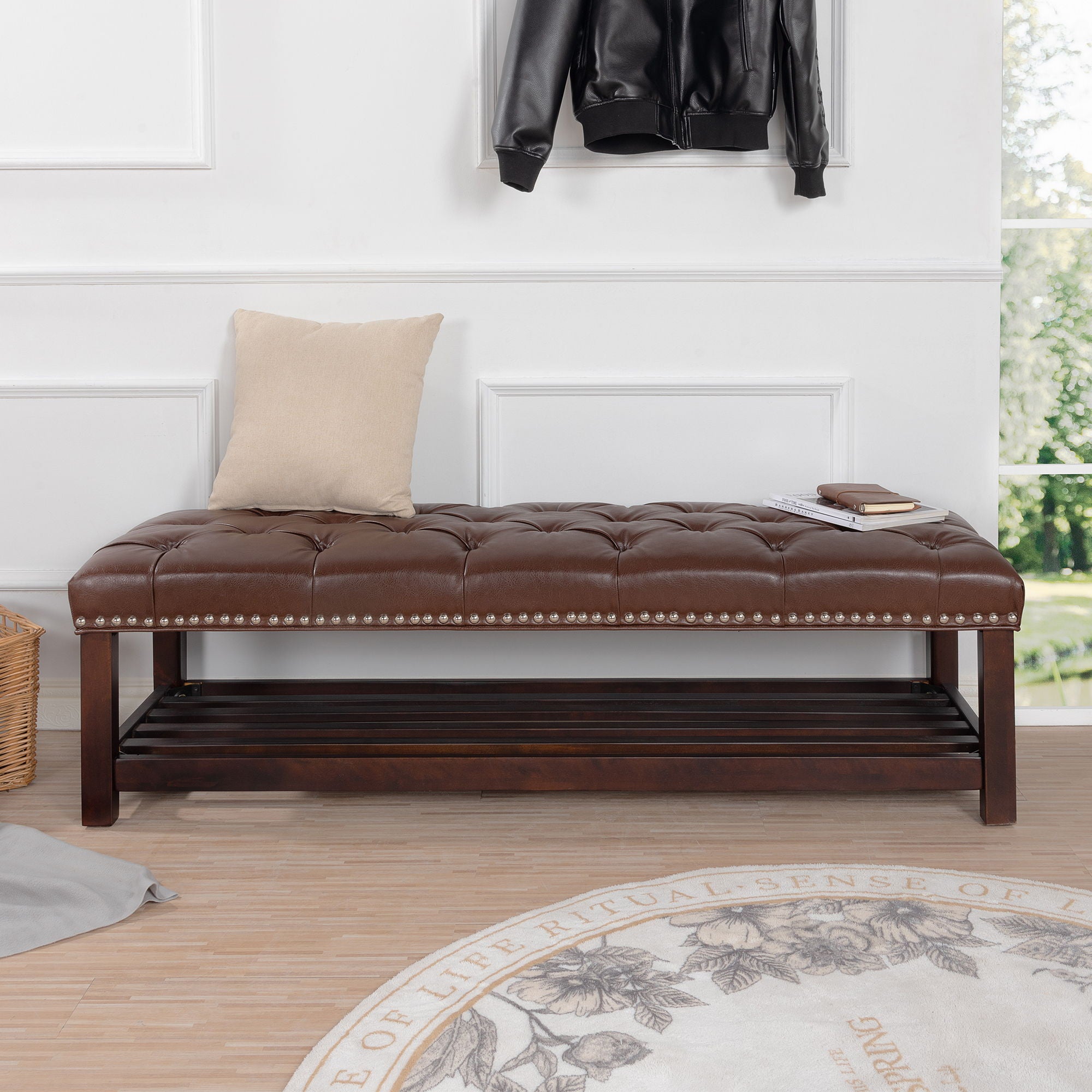 Bedroom End Of Bed Bench Tufted Upholstered End Of Bed Bench End Of Bed Entrance Shoe Bench With Nailhead Trim And Shelf Bedroom Upholstered Bench Living Room Shoe Rack Footstool