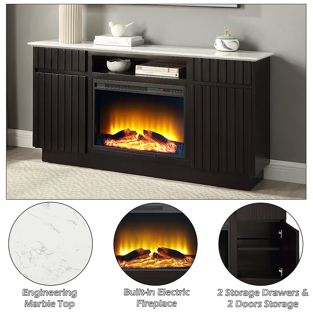 Jaramillo - Server With Fireplace - Engineered Marble & Rustic Espresso