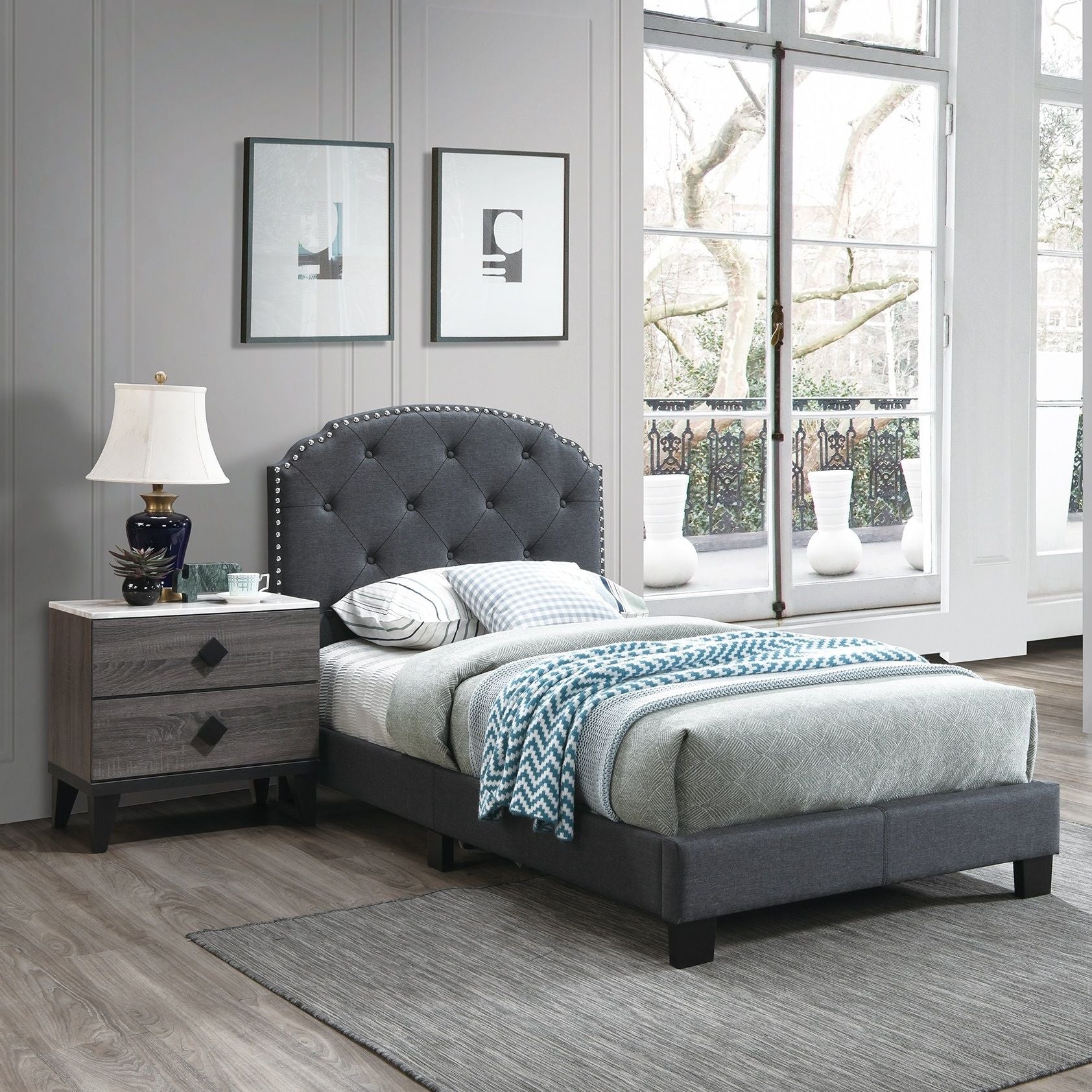 Button Tufted Bed With Nailhead Trim