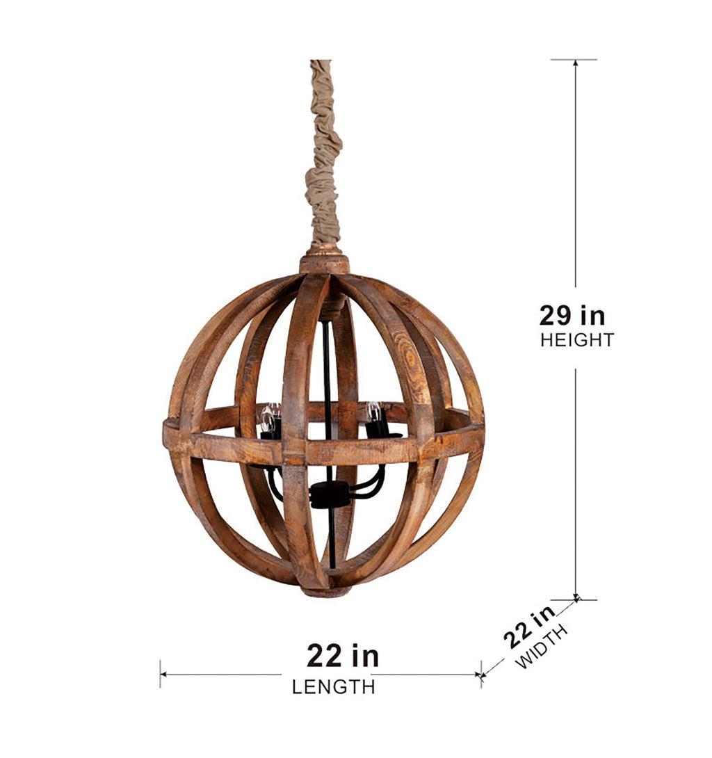 4 Light Wood Chandelier, Hanging Light Fixture With Adjustable Chain For Kitchen, Bulb Not Included - Brown