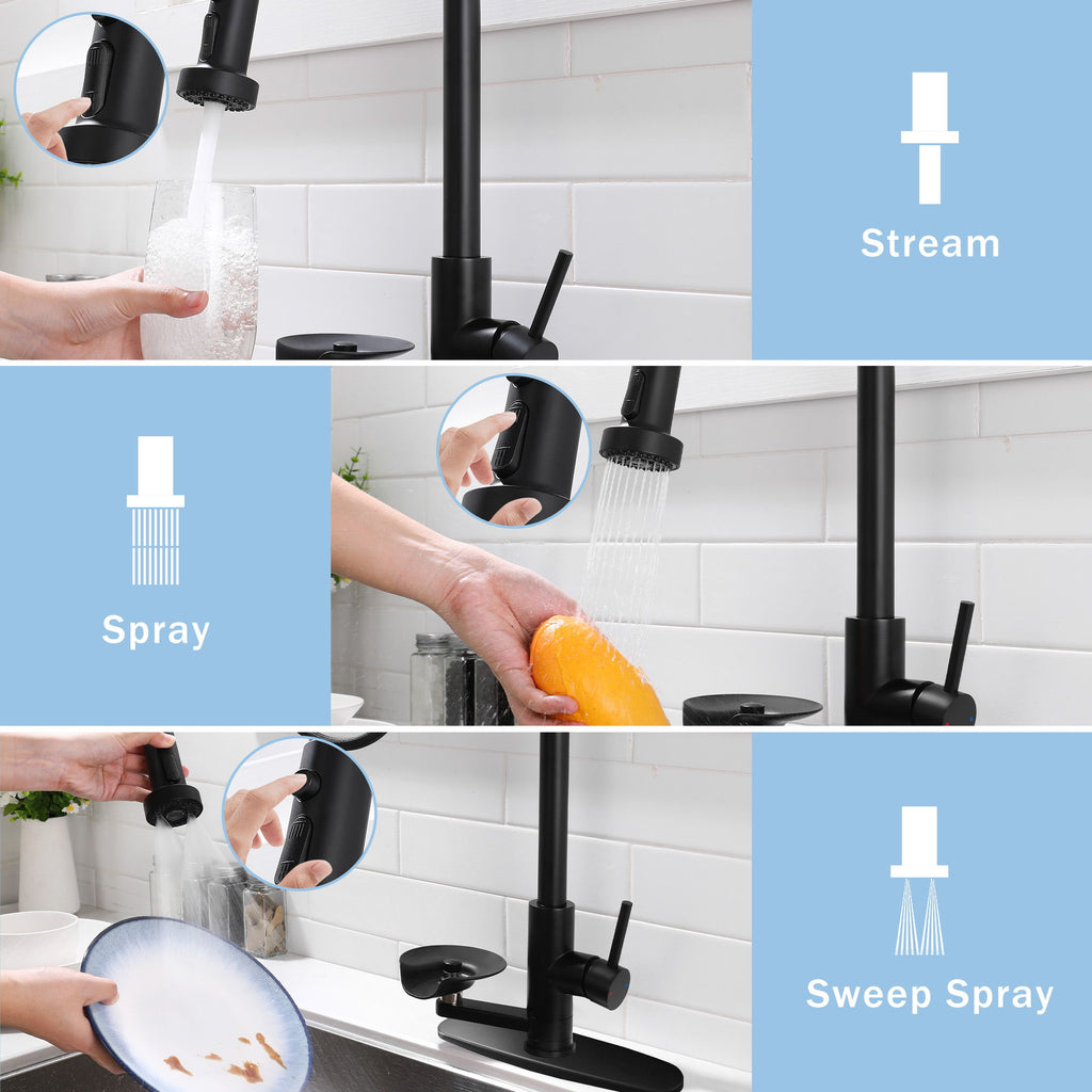3 In 1 Kitchen Faucet With Press Type Glass Rinser, High Arc Pull Down Sprayer