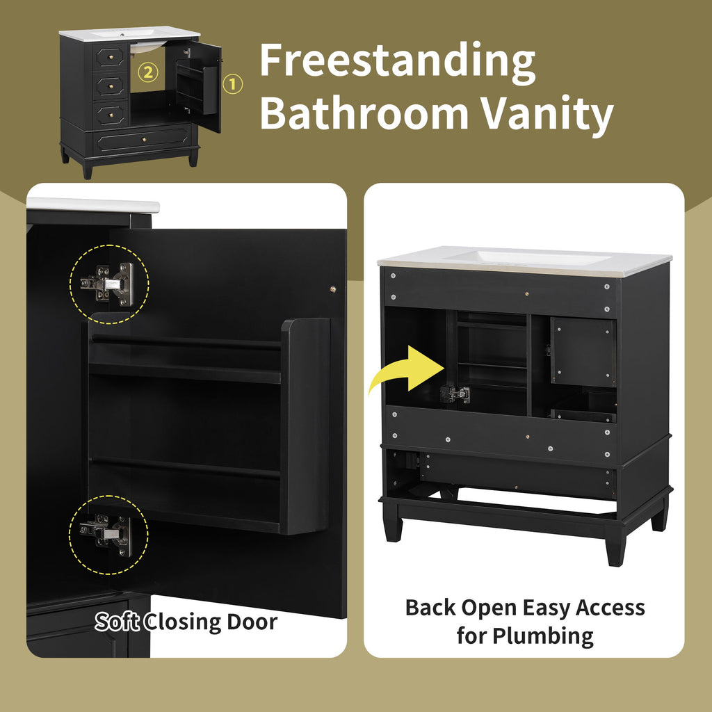 Bathroom Vanity With Sink, Freestanding Vanity Cabinet With Ceramic Basin, Soft Close Door, 3 Drawers