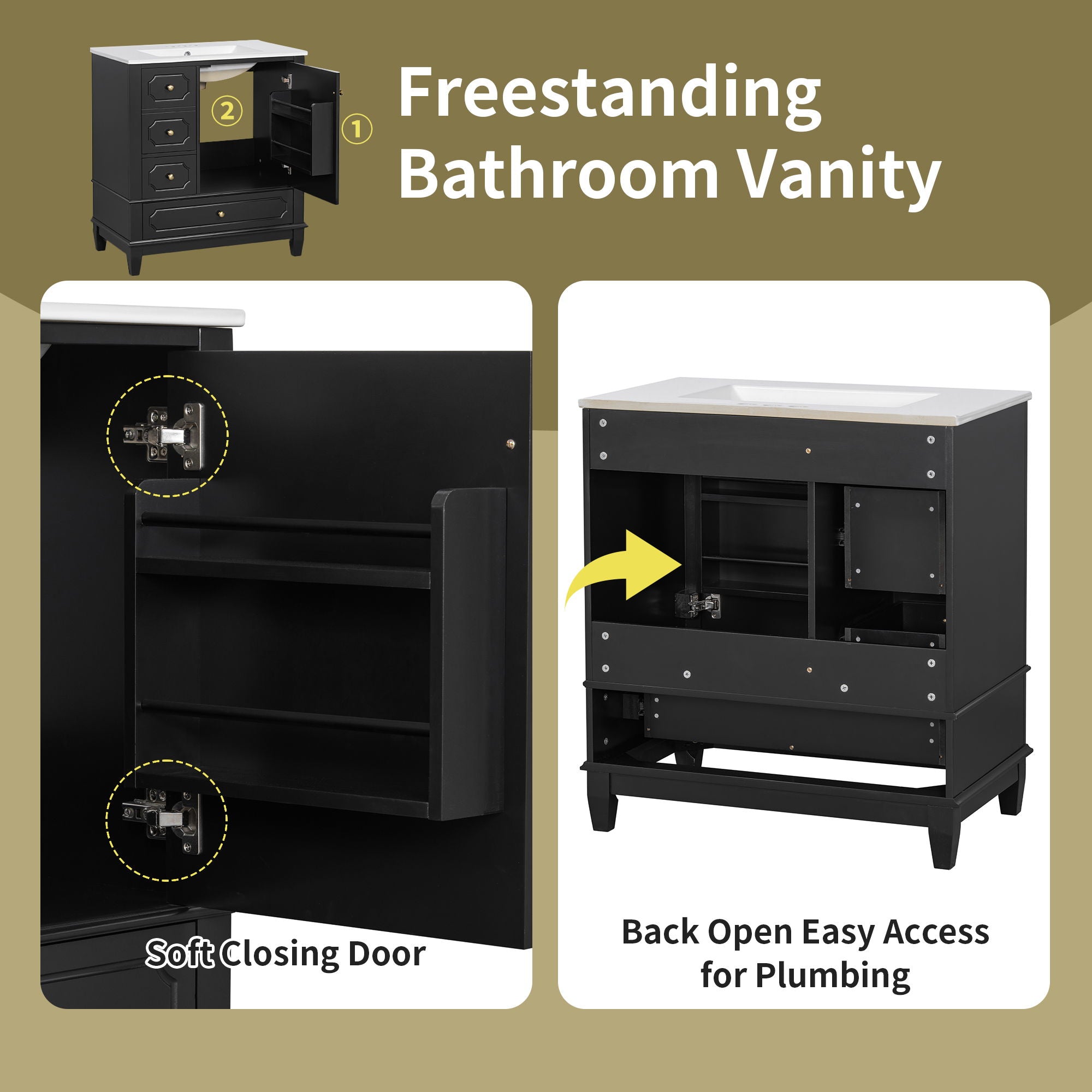 Bathroom Vanity With Sink, Freestanding Vanity Cabinet With Ceramic Basin, Soft Close Door, 3 Drawers