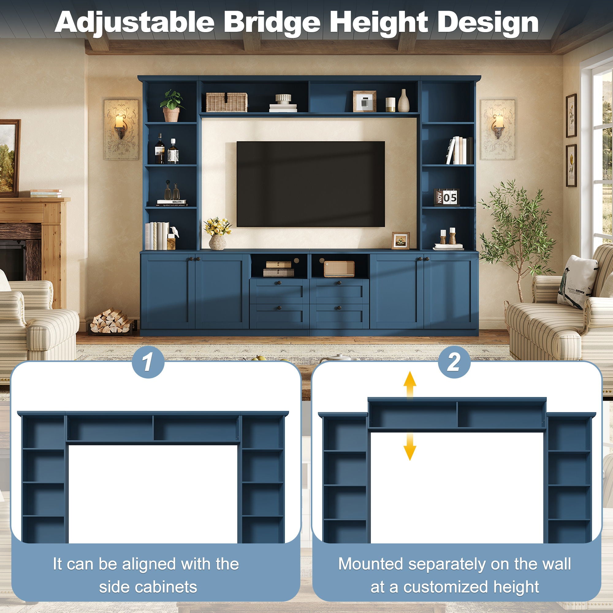 Farmhouse Elegant Entertainment Center Wall Unit With 4 Drawers