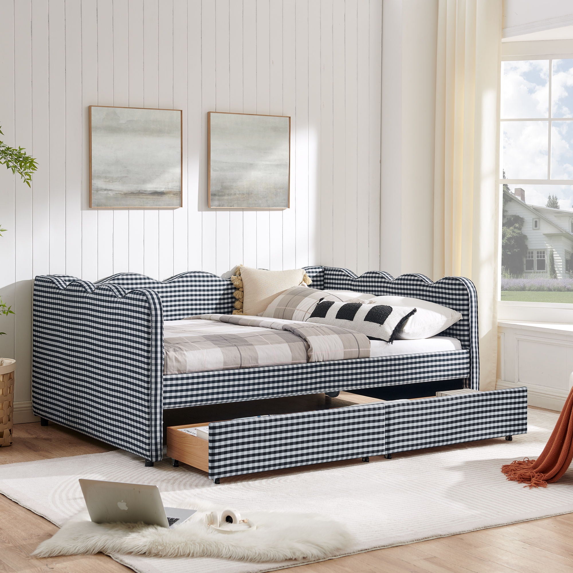 Gingham Daybed & USB Charging Port, Wave-Shaped Design
