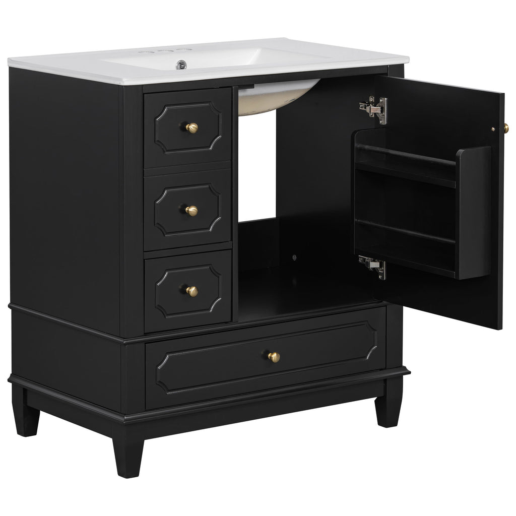Bathroom Vanity With Sink, Freestanding Vanity Cabinet With Ceramic Basin, Soft Close Door, 3 Drawers