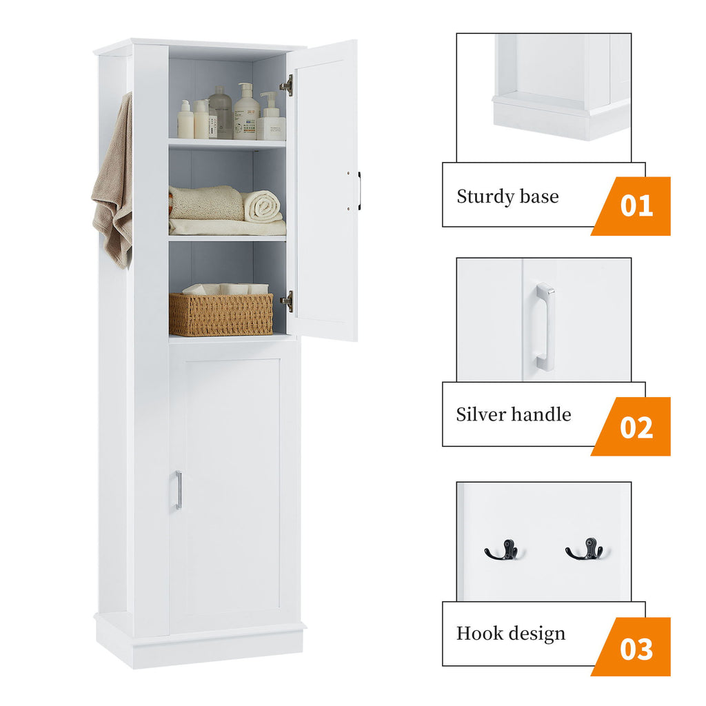 Tall Freestanding Bathroom Storage Cabinet With Adjustable Shelves And Side Hooks