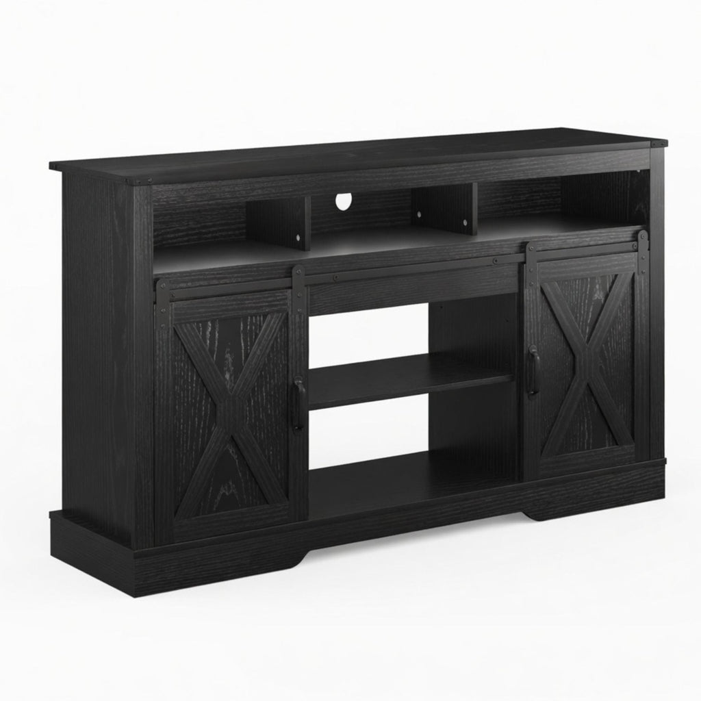 Farmhouse TV Stand With Sliding Barn Doors & Adjustable Storage