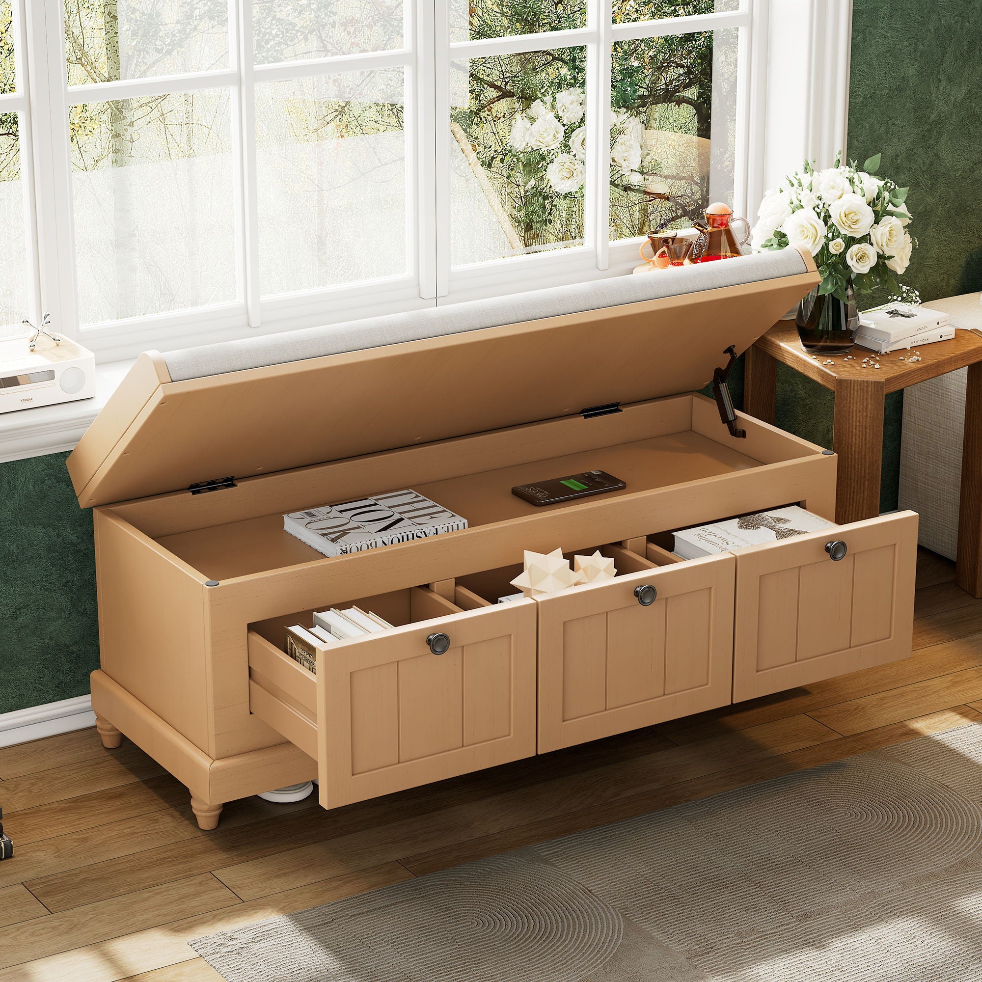 Shoe Bench With Cushion And 3 Drawers - Natural