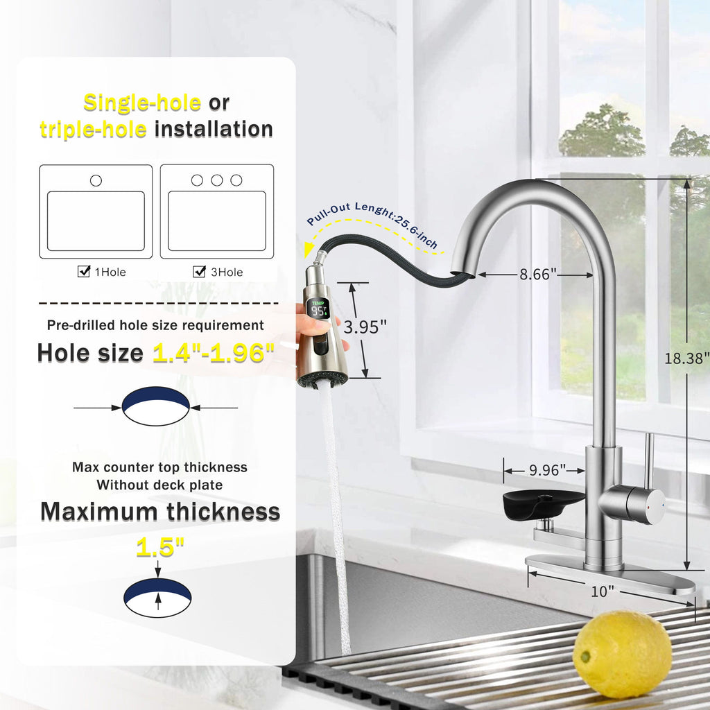 3 In 1 Kitchen Faucet With LED Temperature Display, Pull Down Sprayer