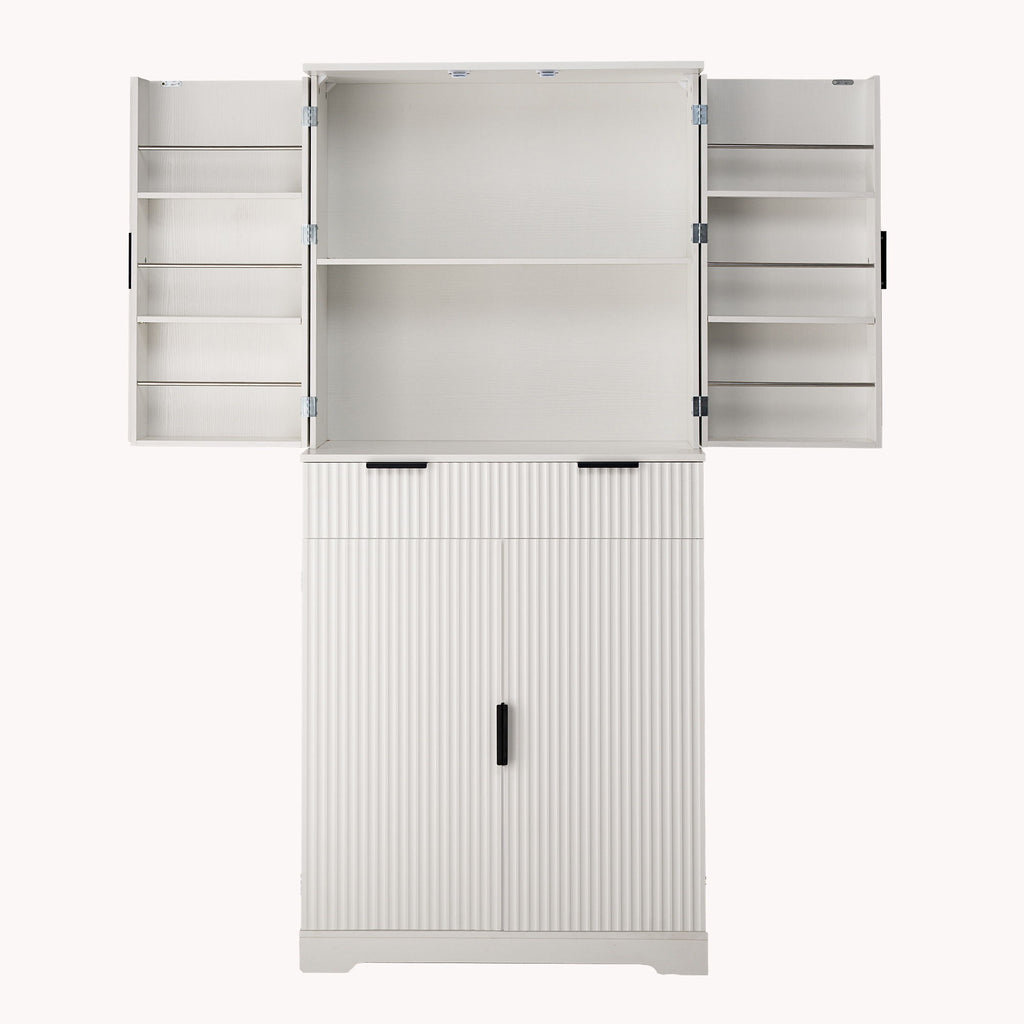 Fluted Kitchen Pantry Cabinet With 3 Keyboard Drawers & 6 Adjustable Door Shelves