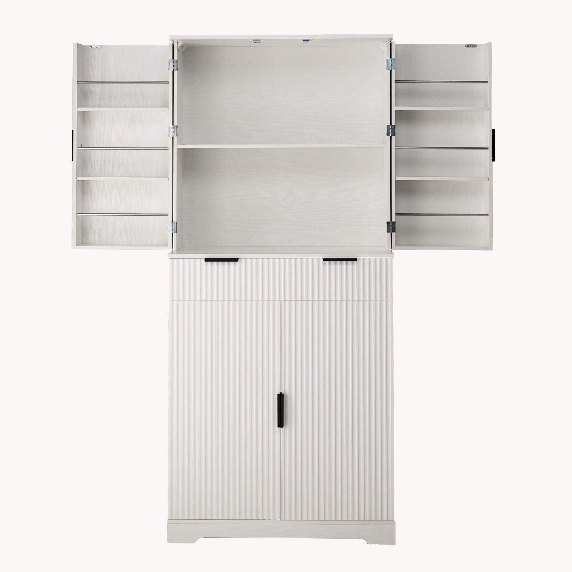 Fluted Kitchen Pantry Cabinet With 3 Keyboard Drawers & 6 Adjustable Door Shelves