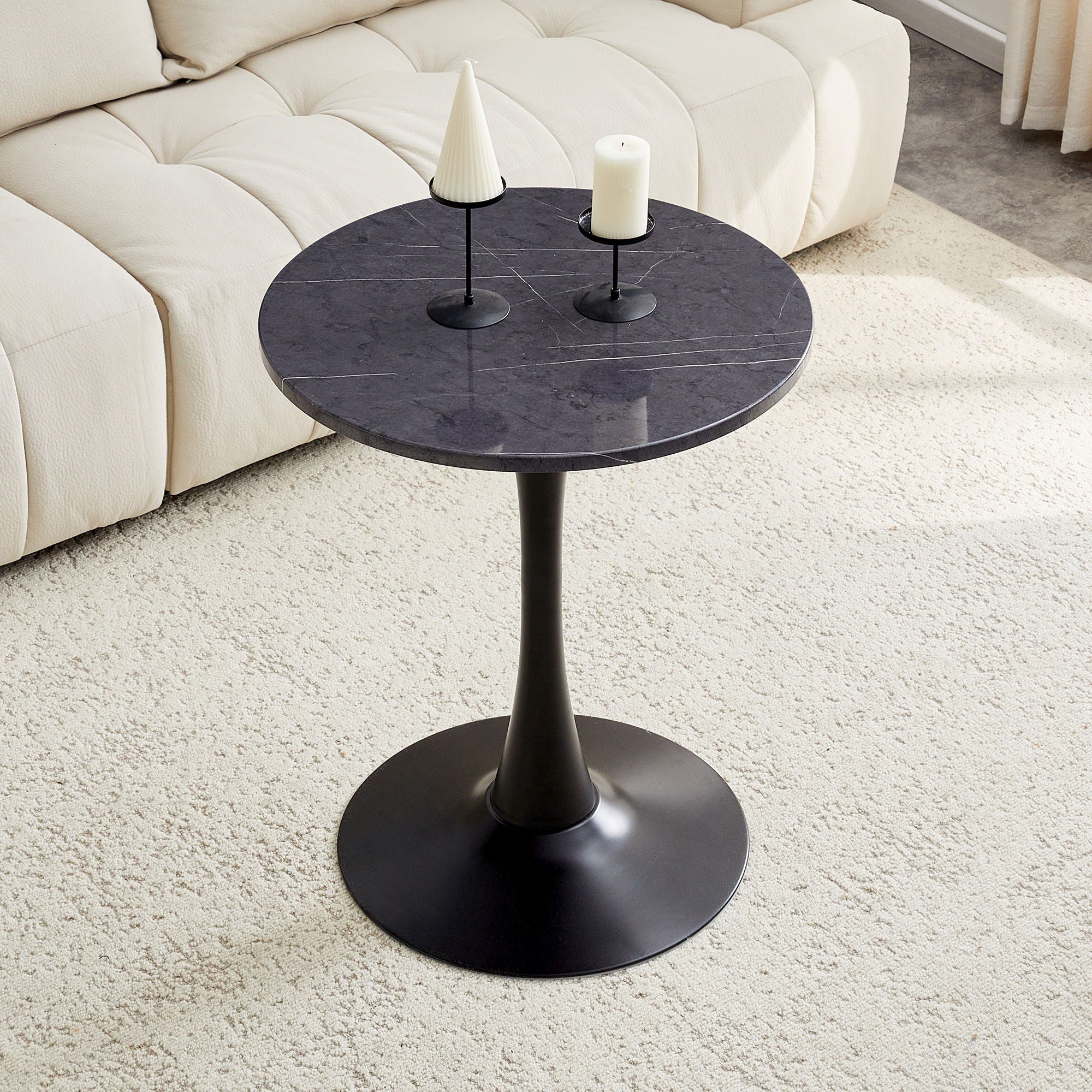 Round Dining Table With Faux Marble Top And Metal Pedestal +, 23.6" Diameter For Kitchen, Living Room, Small Spaces